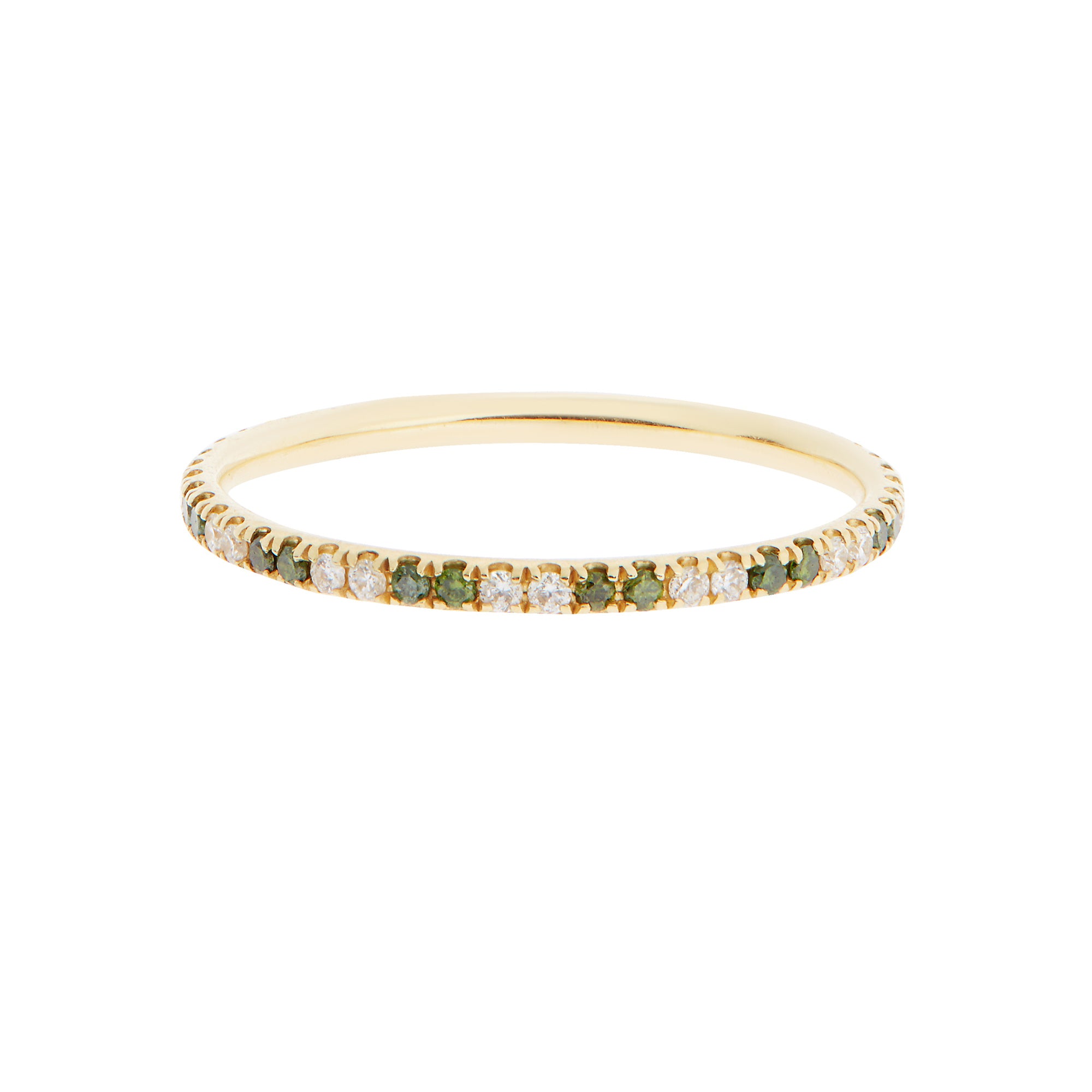 WHITE DIAMOND AND GREEN DIAMOND THREAD RING - SIZE 6