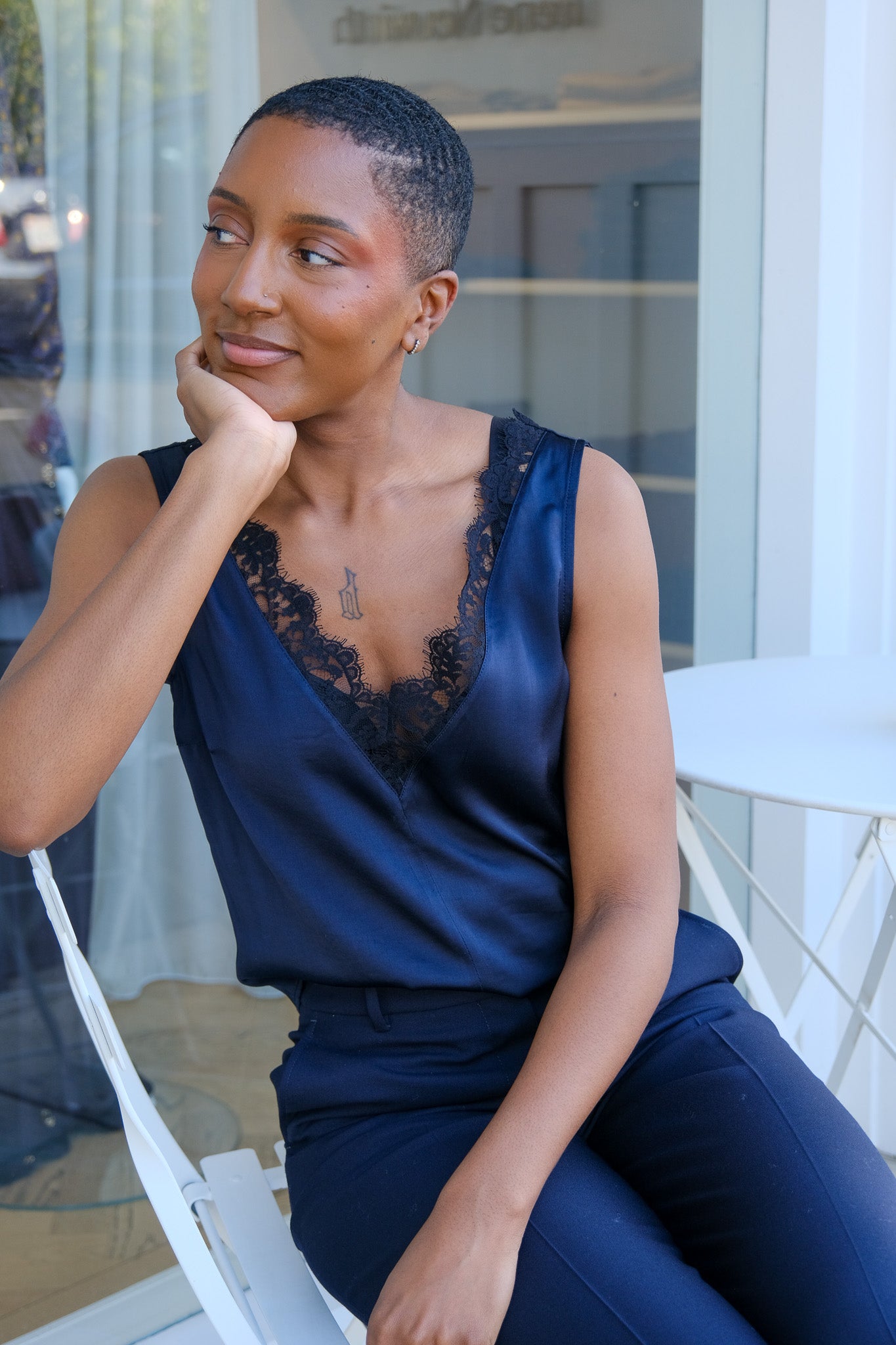 OFFICINE GENERALE | SATIN V-NECK LIANA LACE TOP