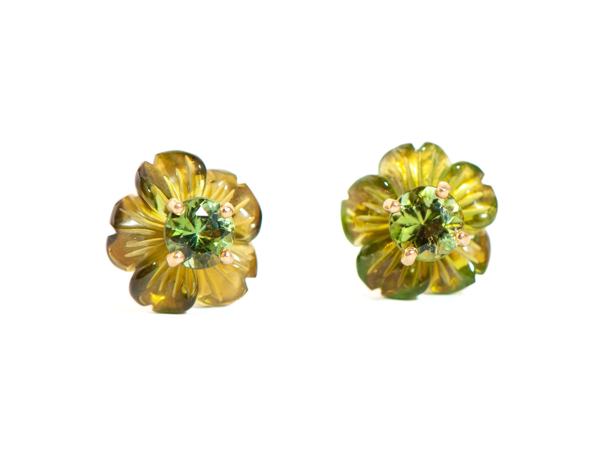 CARVED PERIDOT AND GREEN TOURMALINE FLOWER STUDS