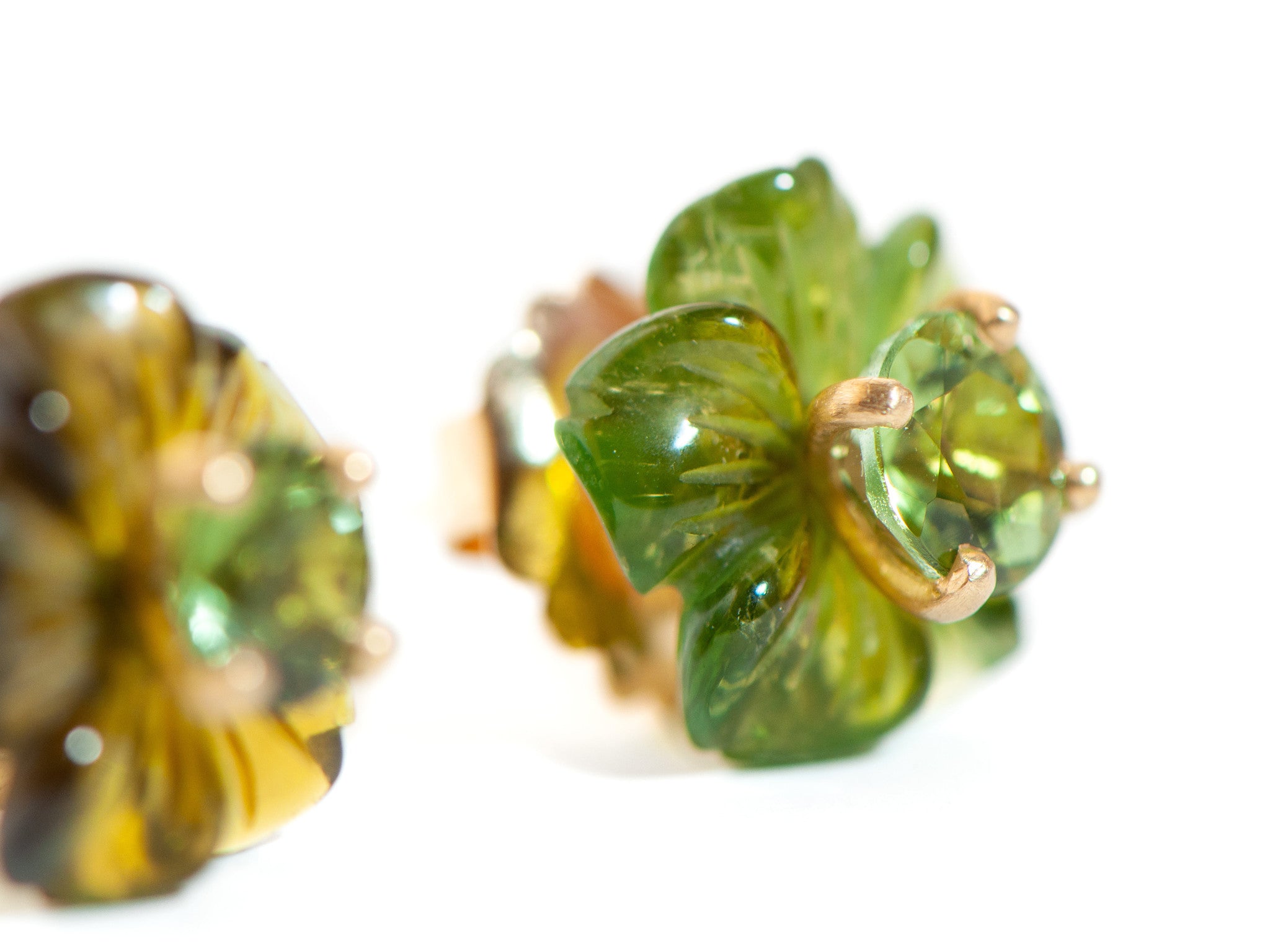 CARVED PERIDOT AND GREEN TOURMALINE FLOWER STUDS