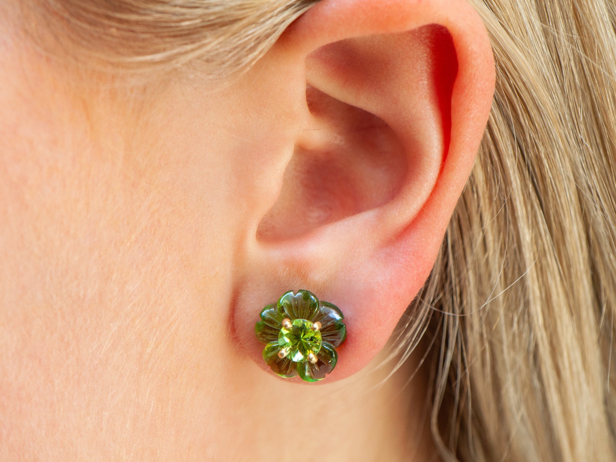 CARVED PERIDOT AND GREEN TOURMALINE FLOWER STUDS