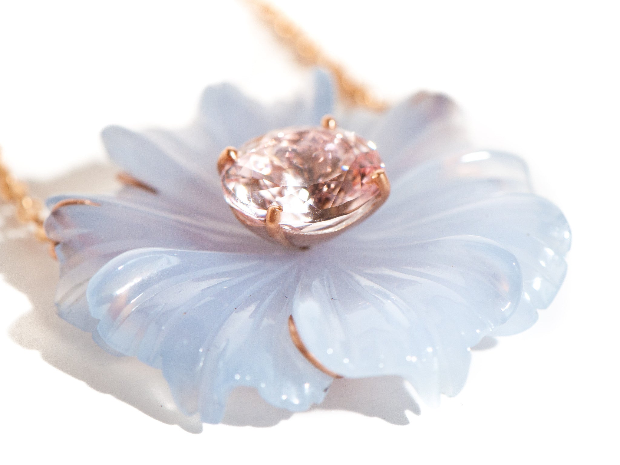 CARVED CHALCEDONY & MORGANITE TROPICAL FLOWER NECKLACE