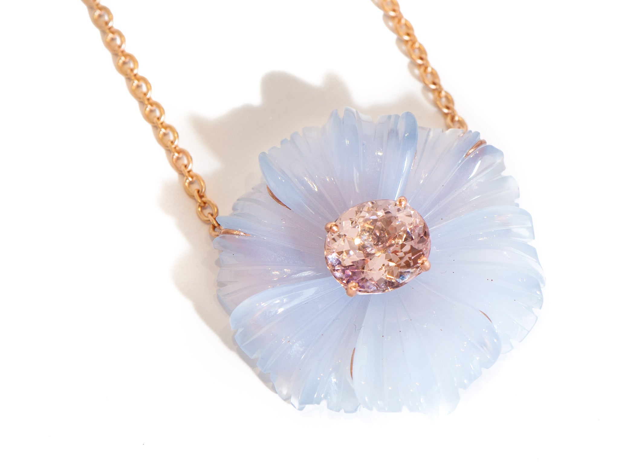 CARVED CHALCEDONY & MORGANITE TROPICAL FLOWER NECKLACE