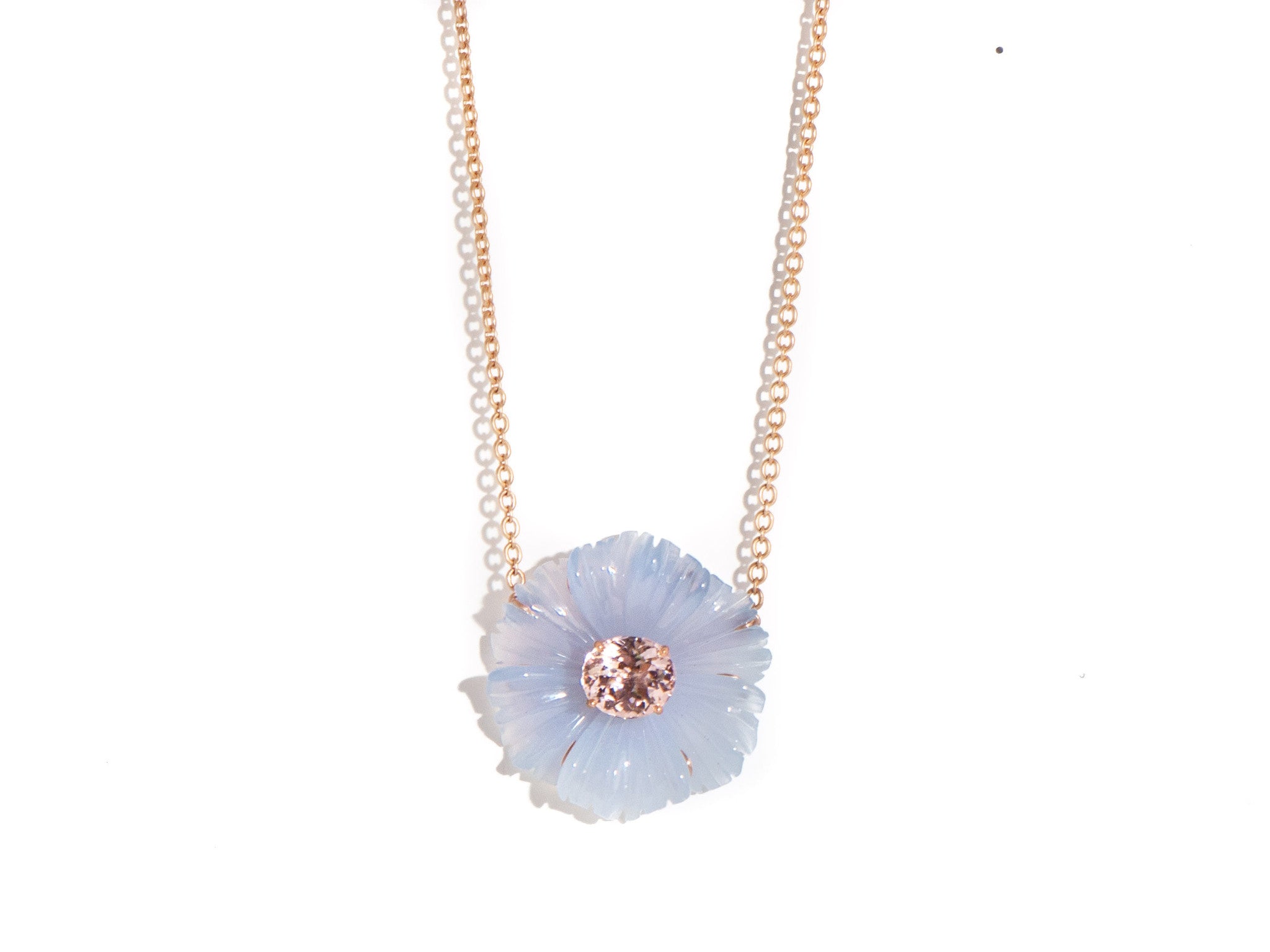 CARVED CHALCEDONY & MORGANITE TROPICAL FLOWER NECKLACE