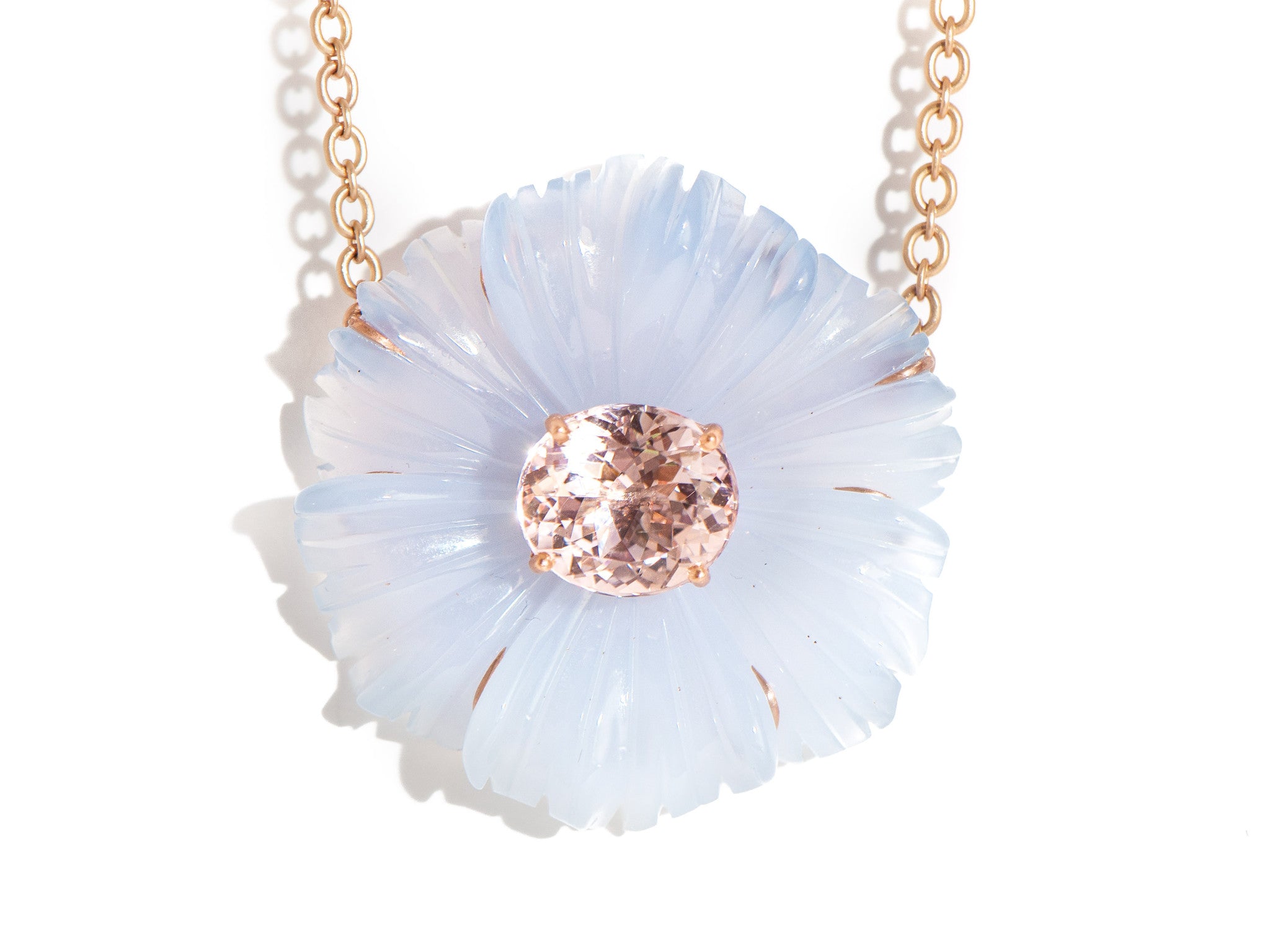 CARVED CHALCEDONY & MORGANITE TROPICAL FLOWER NECKLACE