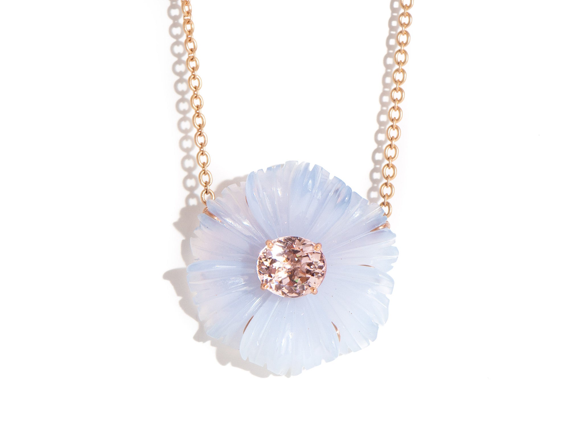 CARVED CHALCEDONY & MORGANITE TROPICAL FLOWER NECKLACE