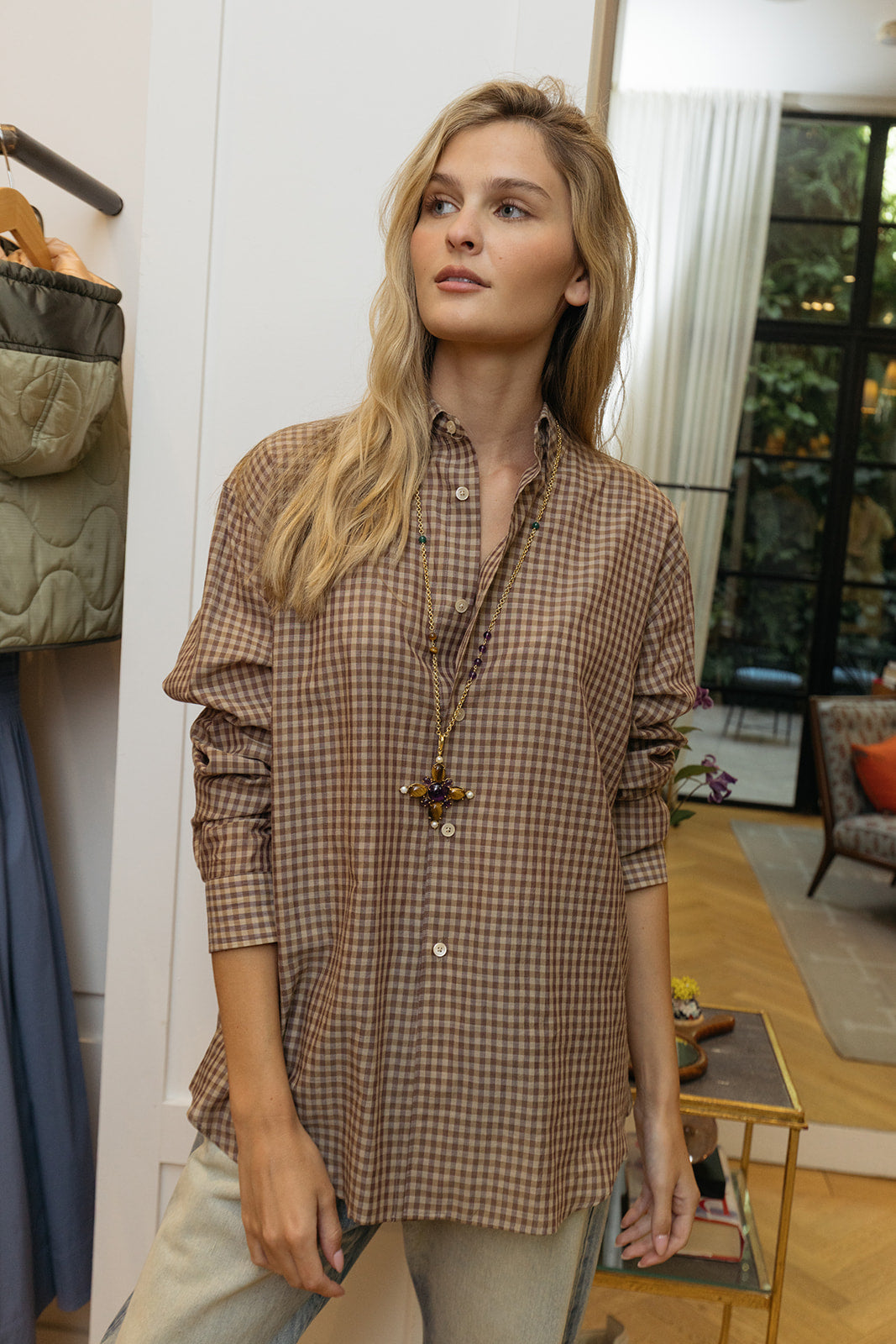 AURALEE | AIRY LIGHT COTTON CHECK SHIRT | WOMEN'S LUXURY DESIGNER CLOTHING, JEWELRY & ACCESSORIES | CAPITOL CHARLOTTE, NC & BRENTWOOD, CA