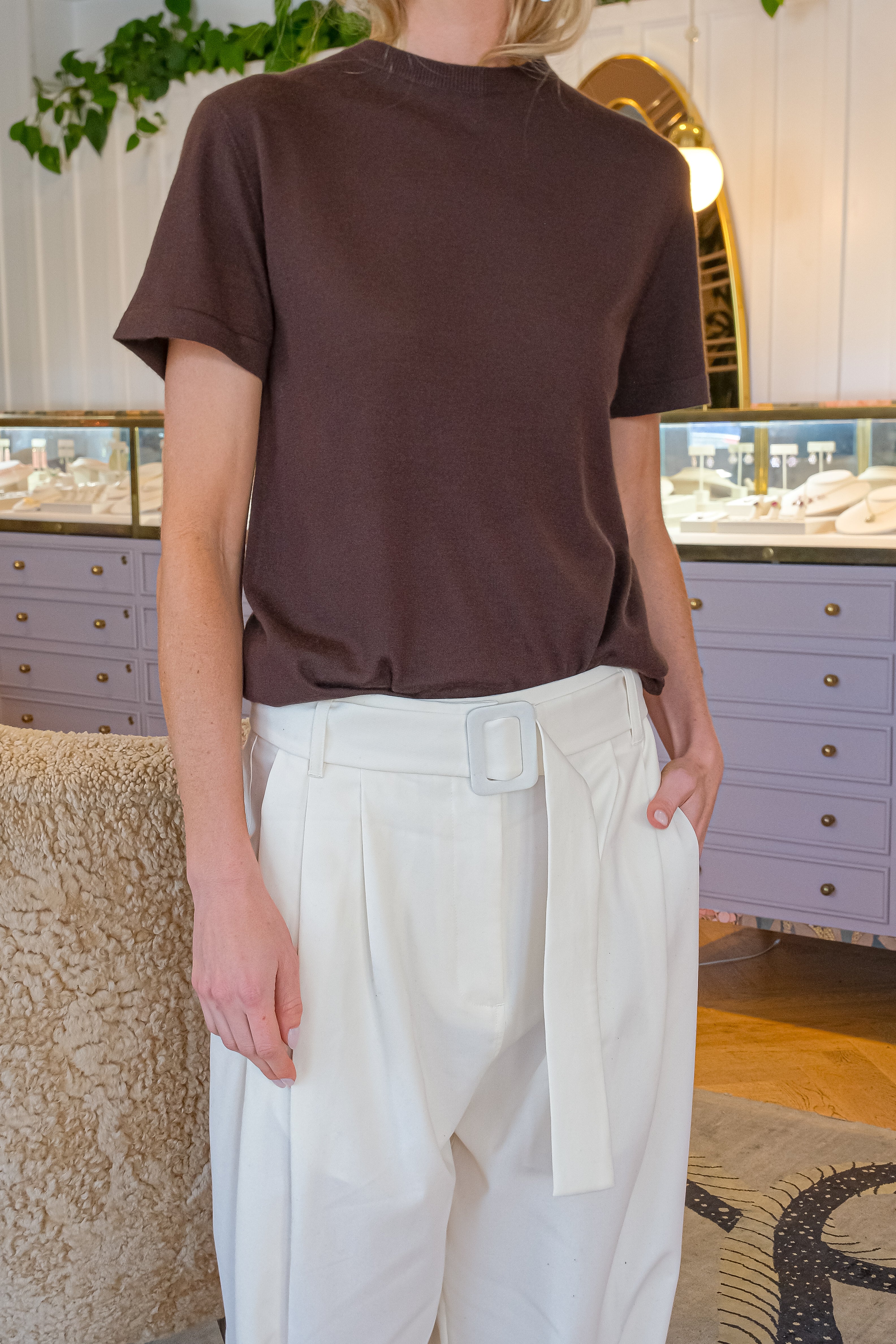 Chocolate brown fine-gauge cashmere T-shirt from CO with a relaxed silhouette and crew neckline. Available in Brentwood, CA and Charlotte, NC.