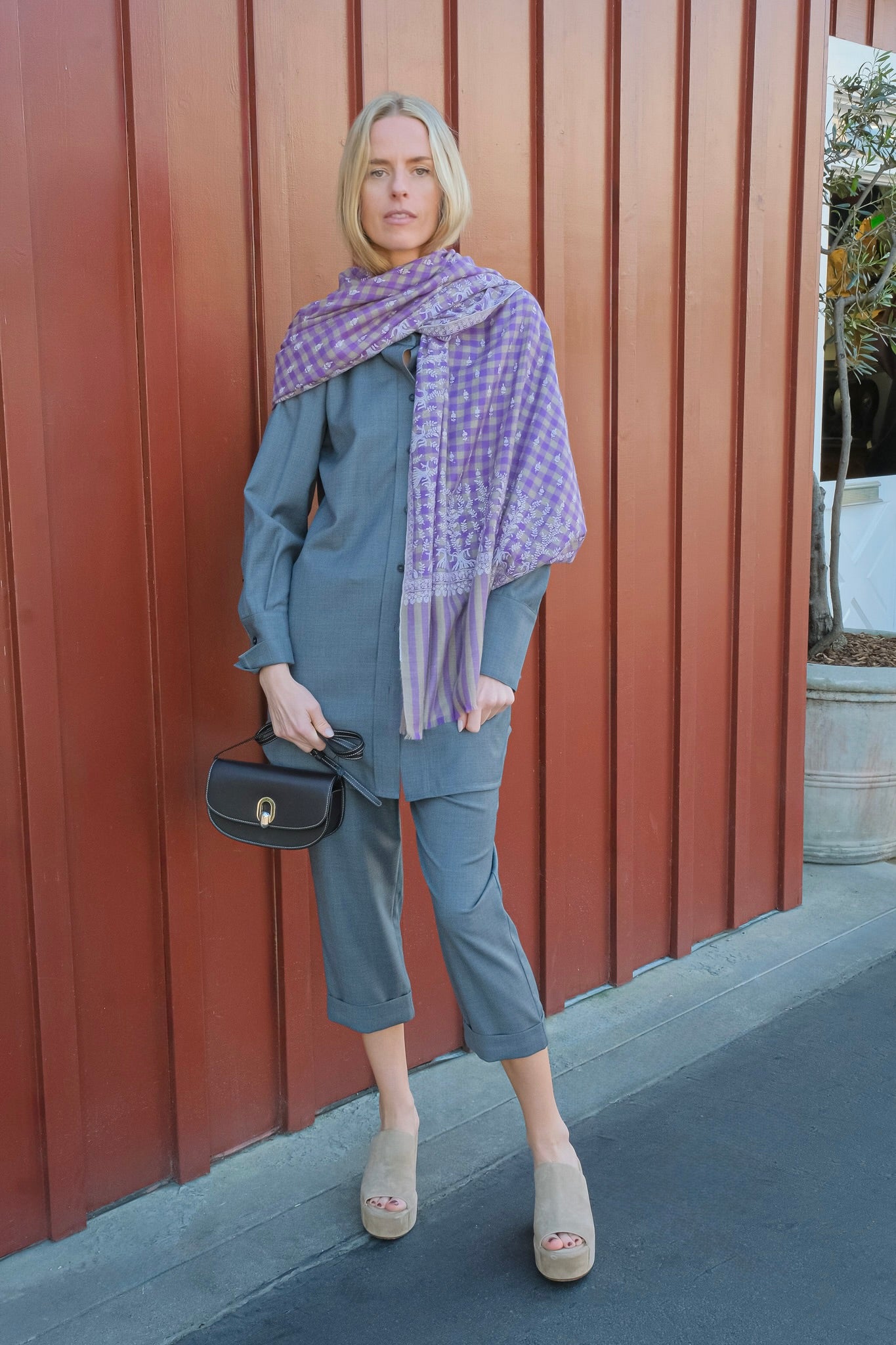 CO melange grey overshirt with long sleeves, button front, and collared neckline. Available in Brentwood, CA and Charlotte, NC.