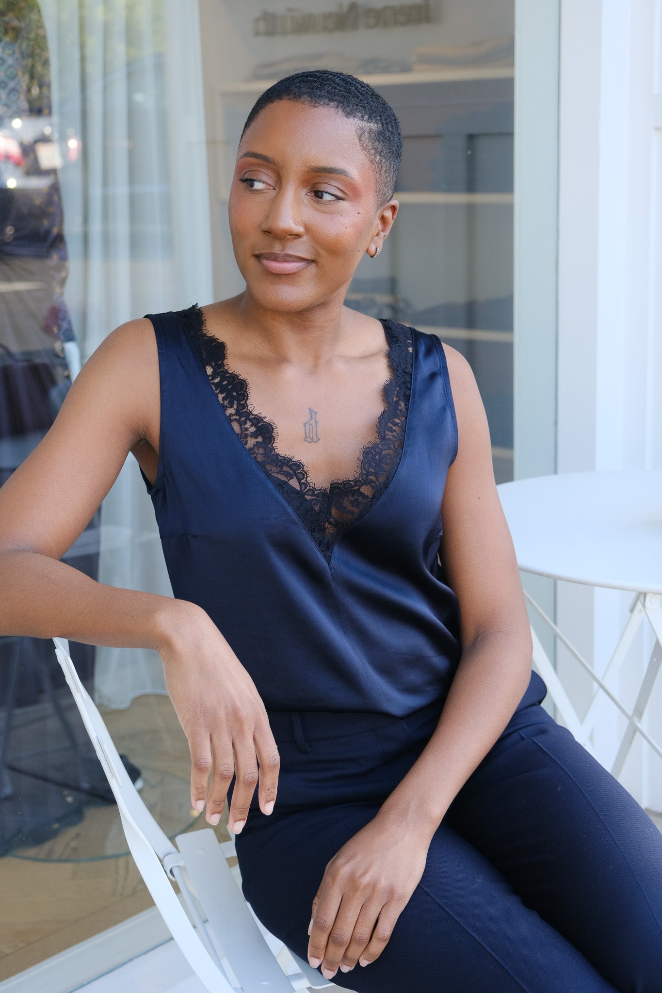 OFFICINE GENERALE | SATIN V-NECK LIANA LACE TOP