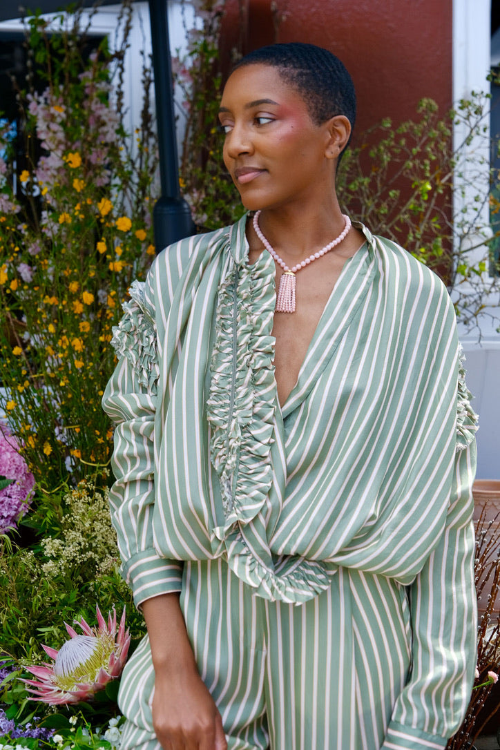 DRIES VAN NOTEN | CUPRO STRIPED RUFFLE DRAWSTRING TOP | WOMEN'S LUXURY DESIGNER CLOTHING, SHOES, HANDBAGS & JEWELRY | CAPITOL CHARLOTTE, NC & BRENTWOOD, CA