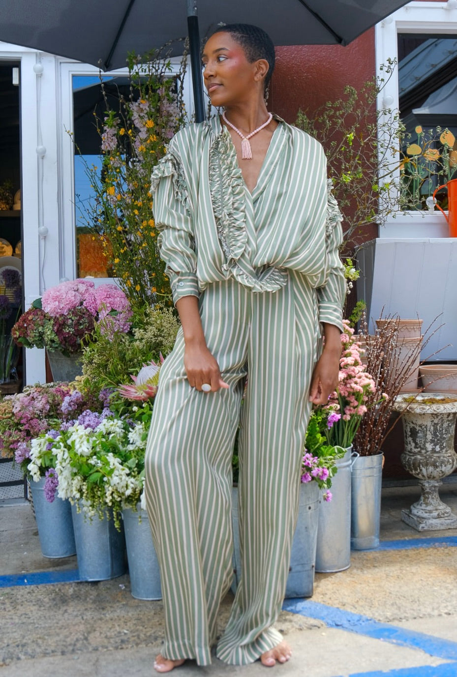 DRIES VAN NOTEN | CUPRO STRIPED RUFFLE DRAWSTRING TOP | WOMEN'S LUXURY DESIGNER CLOTHING, SHOES, HANDBAGS & JEWELRY | CAPITOL CHARLOTTE, NC & BRENTWOOD, CA