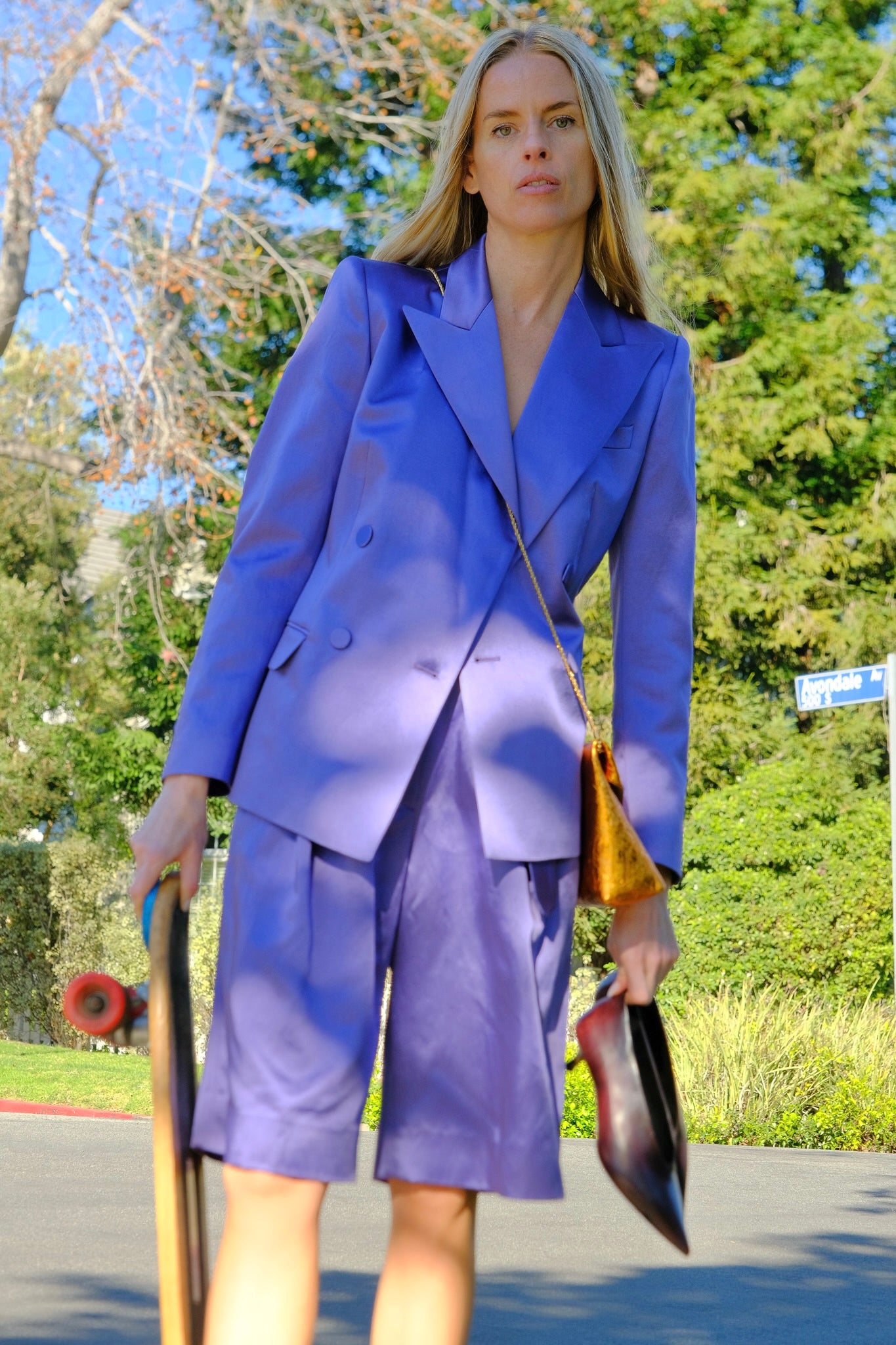 Lavender blazer from Dries Van Noten in a washed satin. The blazer is double breasted with sharp lapels and long sleeves. Available in Charlotte, NC and Brentwood, CA.
