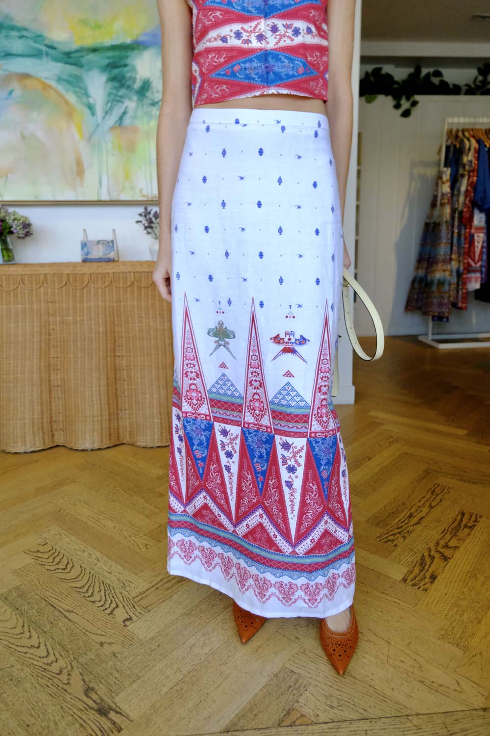 EMPORIO SIRENUSE | LAURELLE KITES PRINTED MIDI SKIRT | WOMEN'S LUXURY DESIGNER CLOTHING, JEWELRY & ACCESSORIES | CAPITOL CHARLOTTE, NC & BRENTWOOD, CA