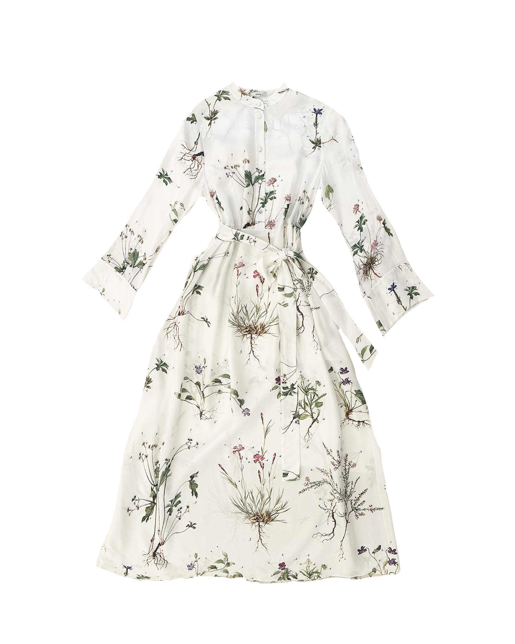 ERDEM | LONG SLEEVE SILK PRINTED WAIST TIE MIDI DRESS
