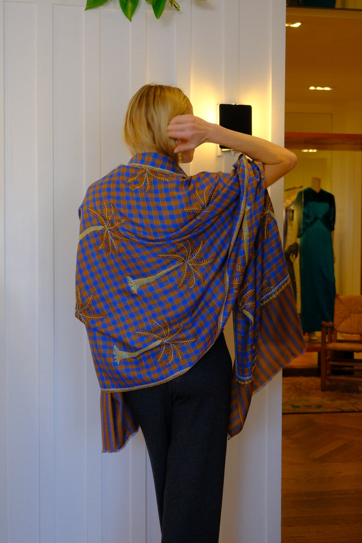 YASER | BLUE BROWN PLAID PALM TREE SHAWL