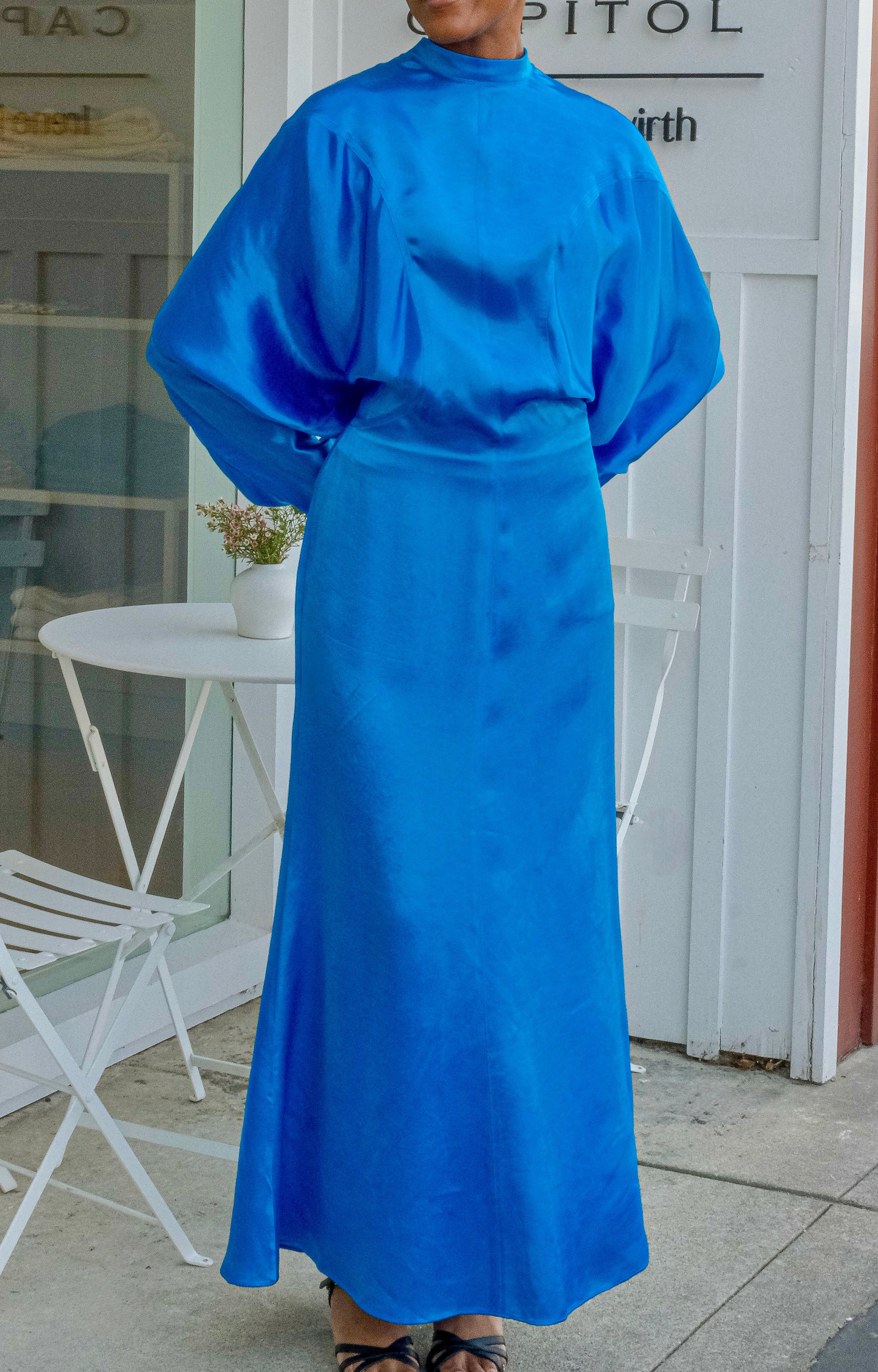 FFORME | PEACOCK BLUE HIGHNECK RAMI DRESS | WOMEN'S LUXURY DESIGNER CLOTHING, SHOES, HANDBAGS & JEWELRY | CAPITOL CHARLOTTE, NC & BRENTWOOD, CA