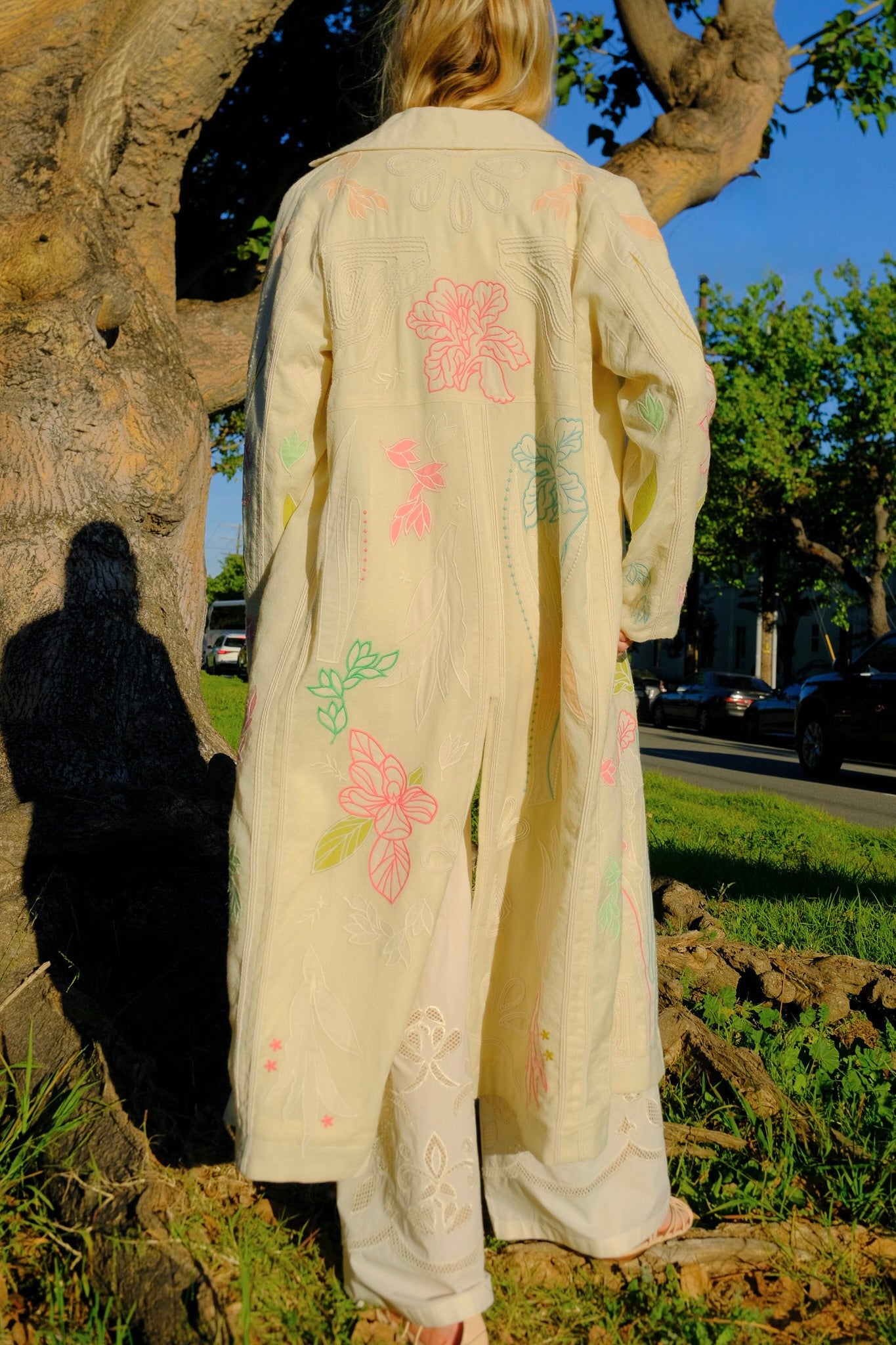 "Velvet Iris" embroidered coat from Forte Forte with a relaxed silhouette and button closure. Available in Brentwood, CA and Charlotte, NC.