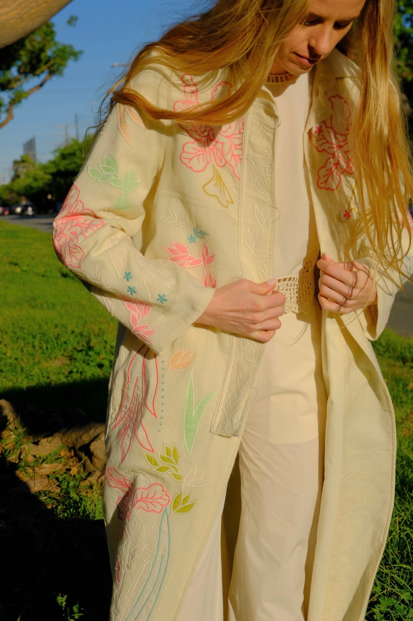 "Velvet Iris" embroidered coat from Forte Forte with a relaxed silhouette and button closure. Available in Brentwood, CA and Charlotte, NC.