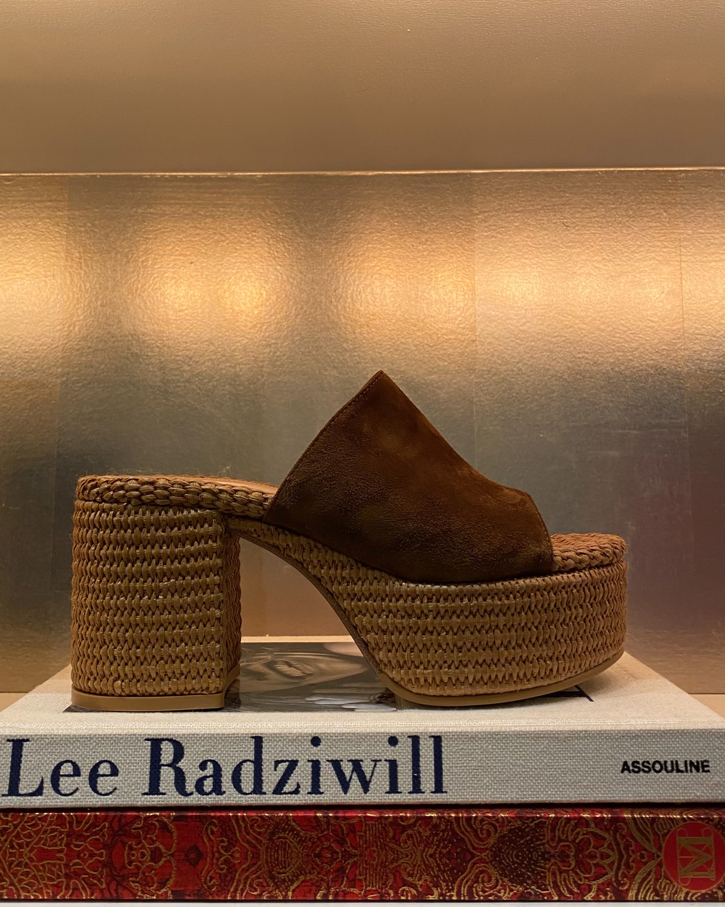GIANVITO ROSSI | SUEDE AND RAFFIA PLATFORM | Suede and raffia platform heel | Slip on mule design | Raffia platform and heel | Suede upper | Heel height: Approximately 3.5" | Platform height: Approximately 1.8"