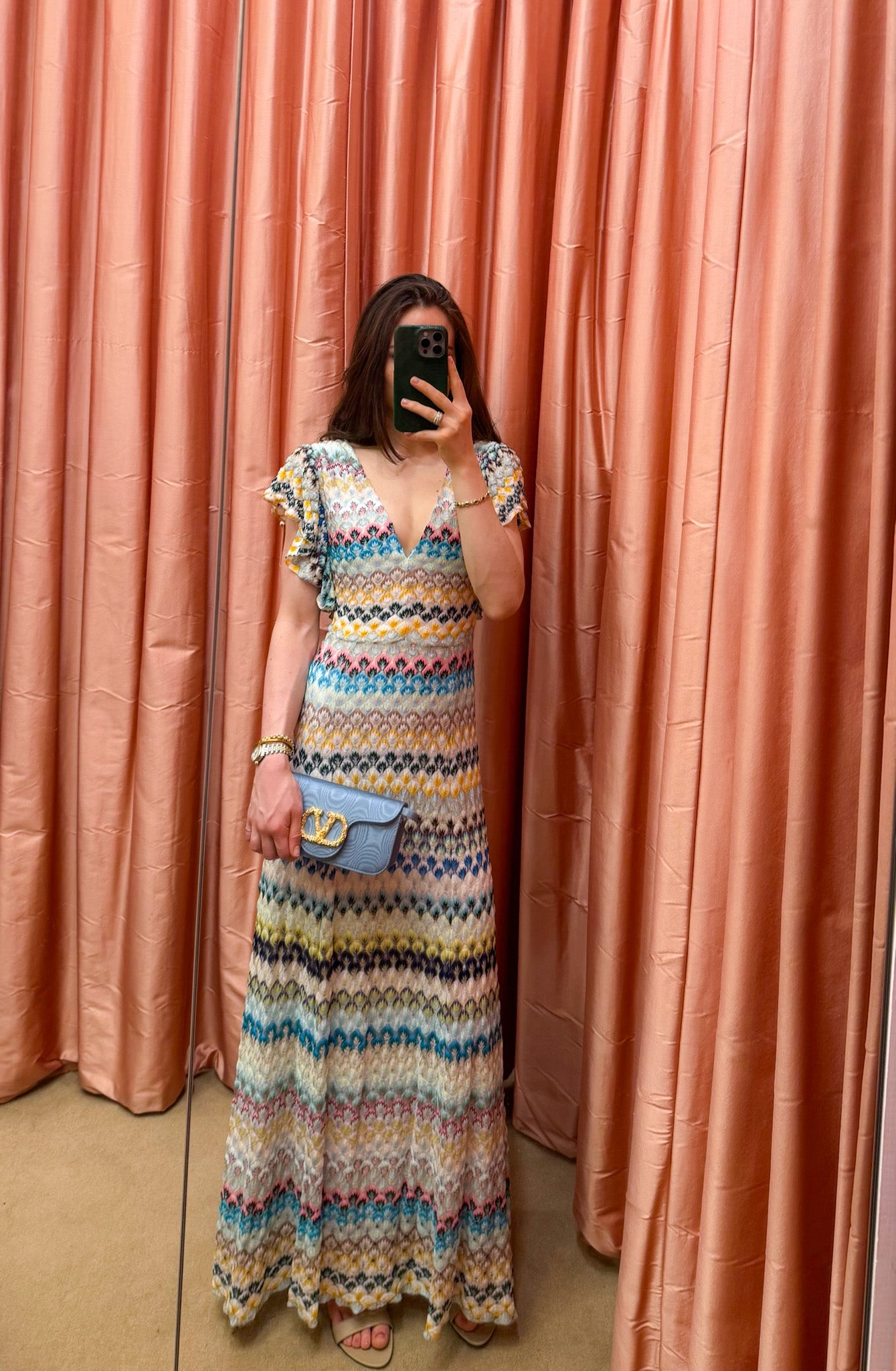 MISSONI FLUTTER SLV VNECK PRINTED LONG DRESS