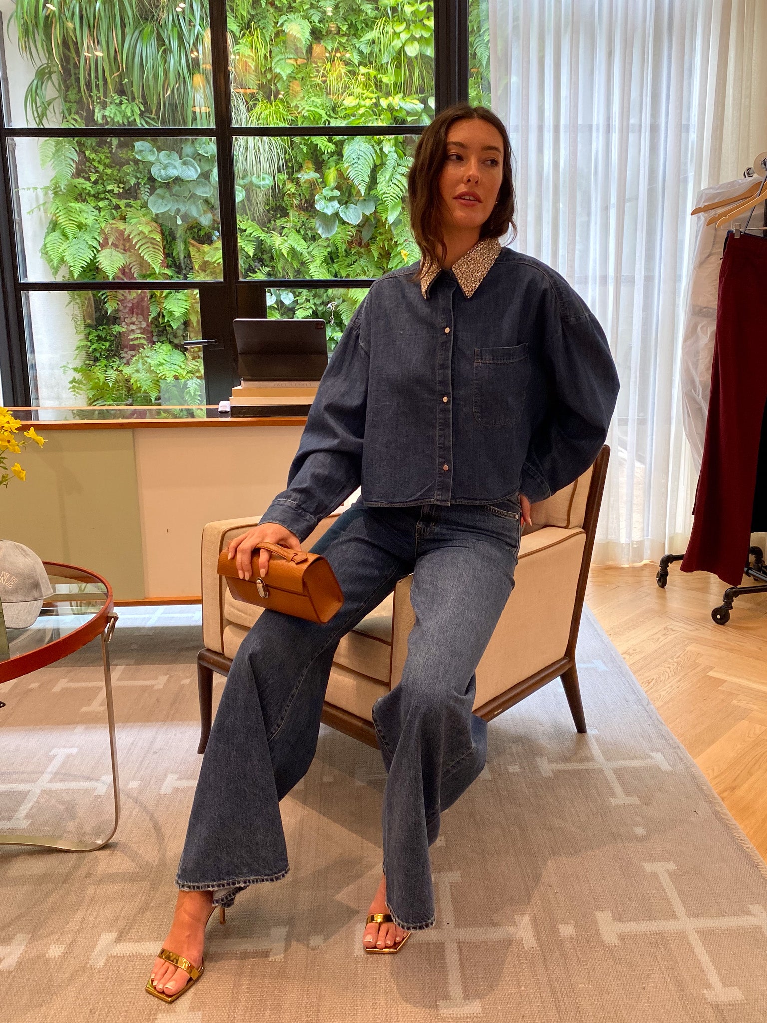 TWP | LONG SLEEVE DENIM NEXT EX TOP WITH CRYSTAL COLLAR