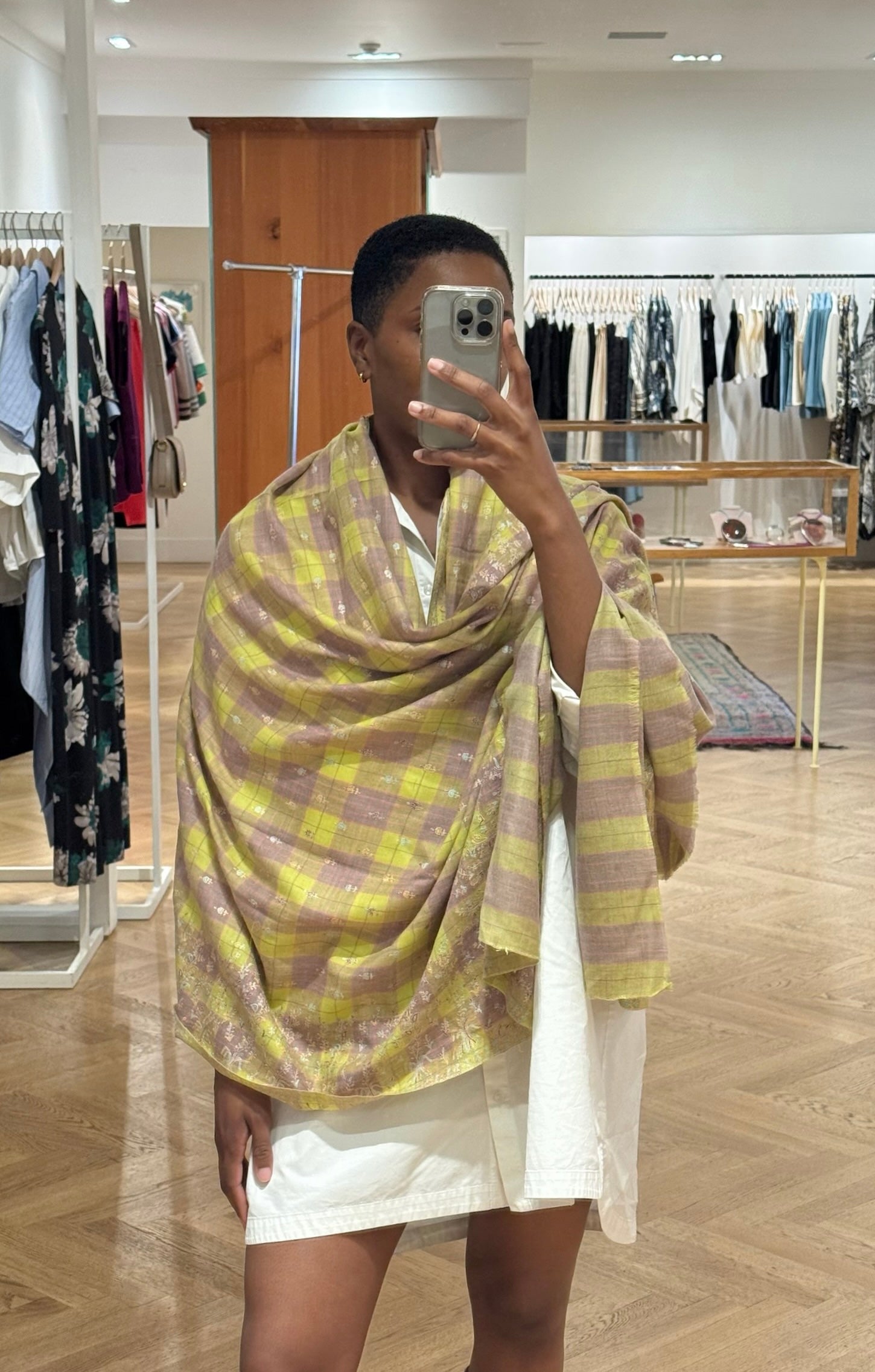 YASER | CHECK MINI FLORAL BORDER SHAWL