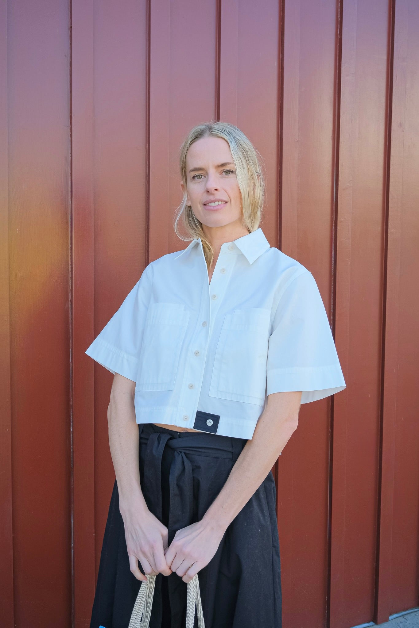 Lee Mathews boxy cropped white button down shirt. Available in Charlotte, NC and Brentwood, CA.