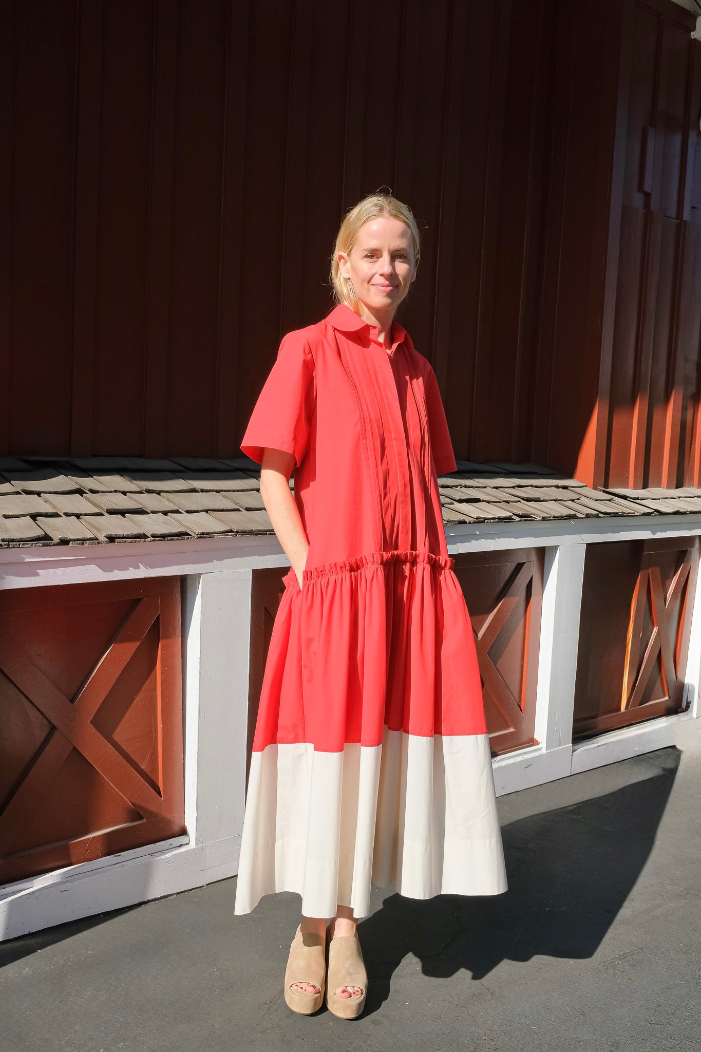 Lee Mathews red and white colorblock shirtdress available in Charlotte, NC and Brentwood, CA.