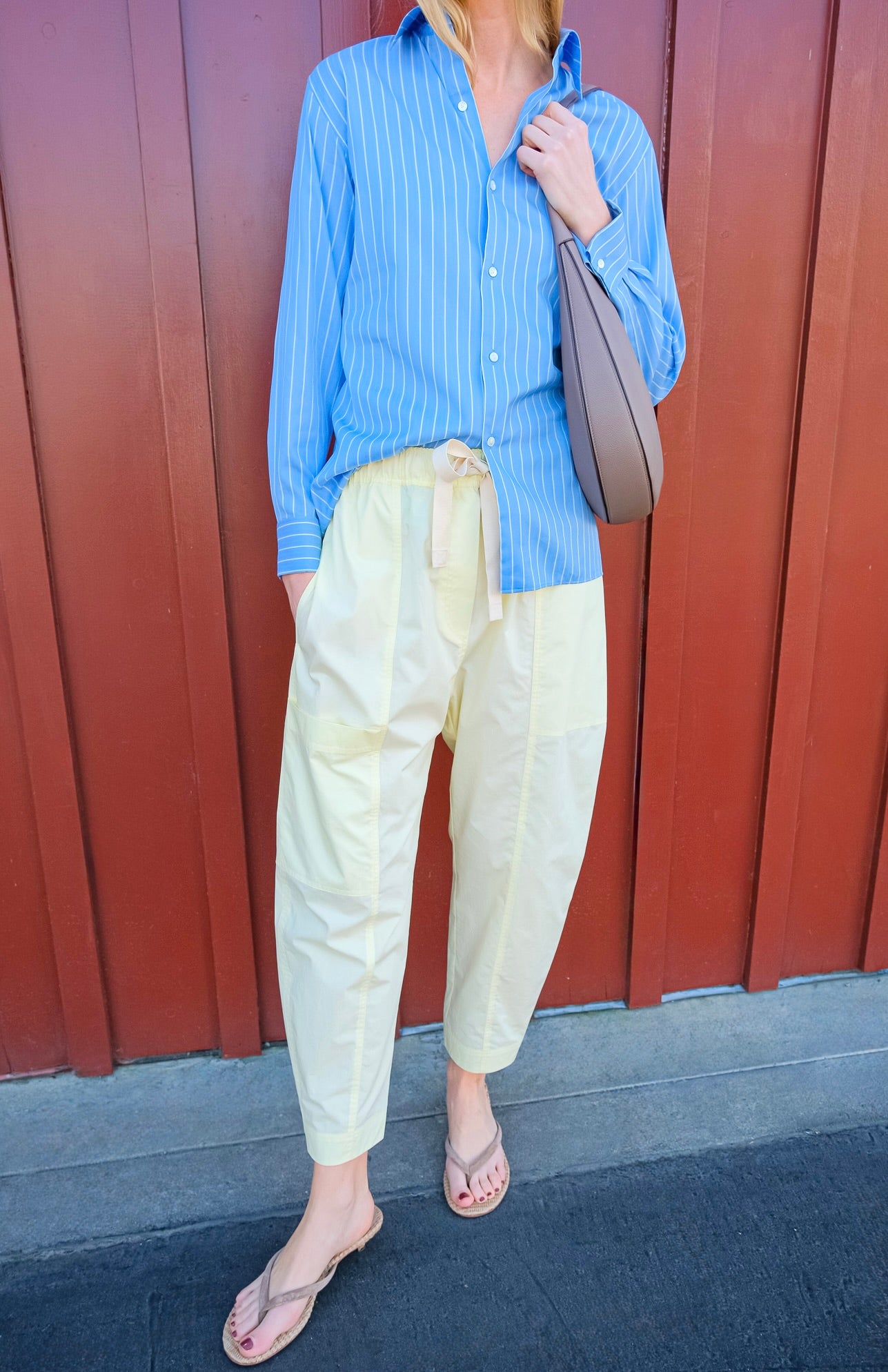 Lee Mathews yellow poplin pants available in Charlotte, NC and Brentwood, CA.