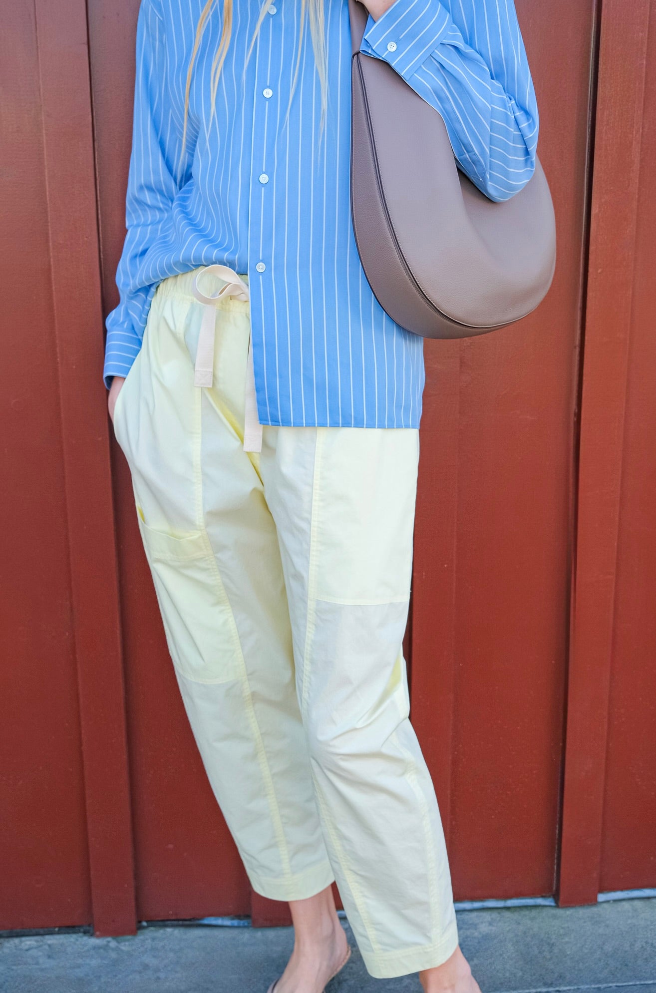 Lee Mathews yellow poplin pants available in Charlotte, NC and Brentwood, CA.