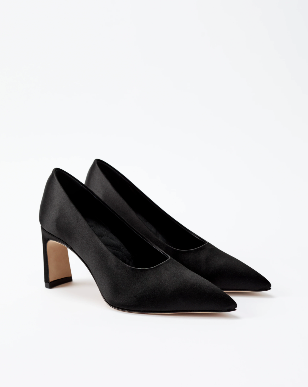LE SEUL | ALEURIA PUMP | Black satin pumps | Pointed toe | Stilletto block heel | Sculpted arch support | 75mm heel height