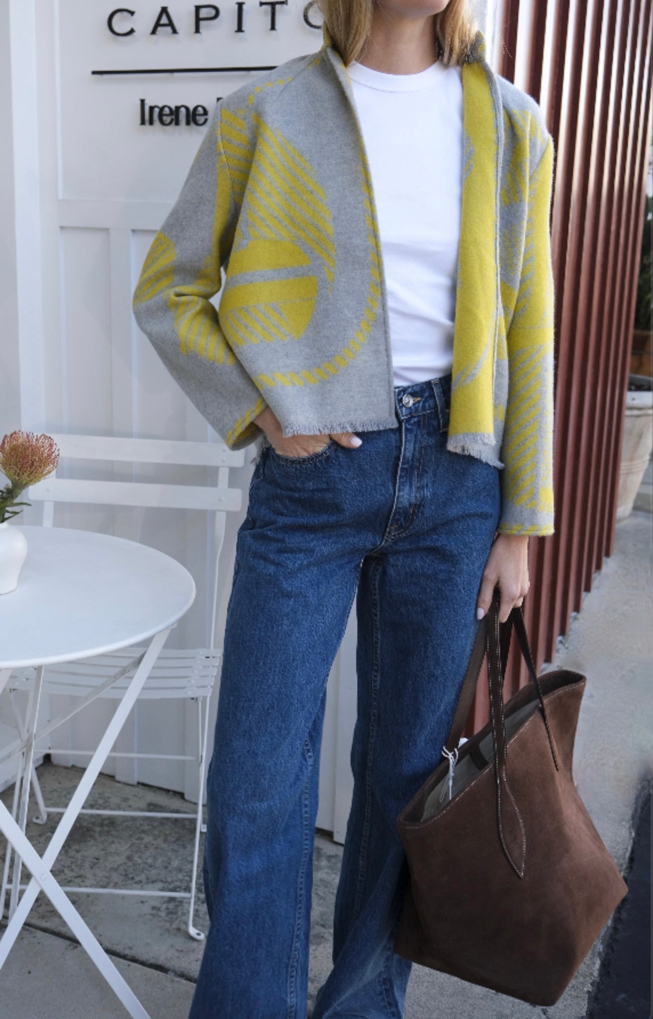 Lily Eve lemon yellow and grey printed jacket made from upcycled blankets. Available in Brentwood, CA.