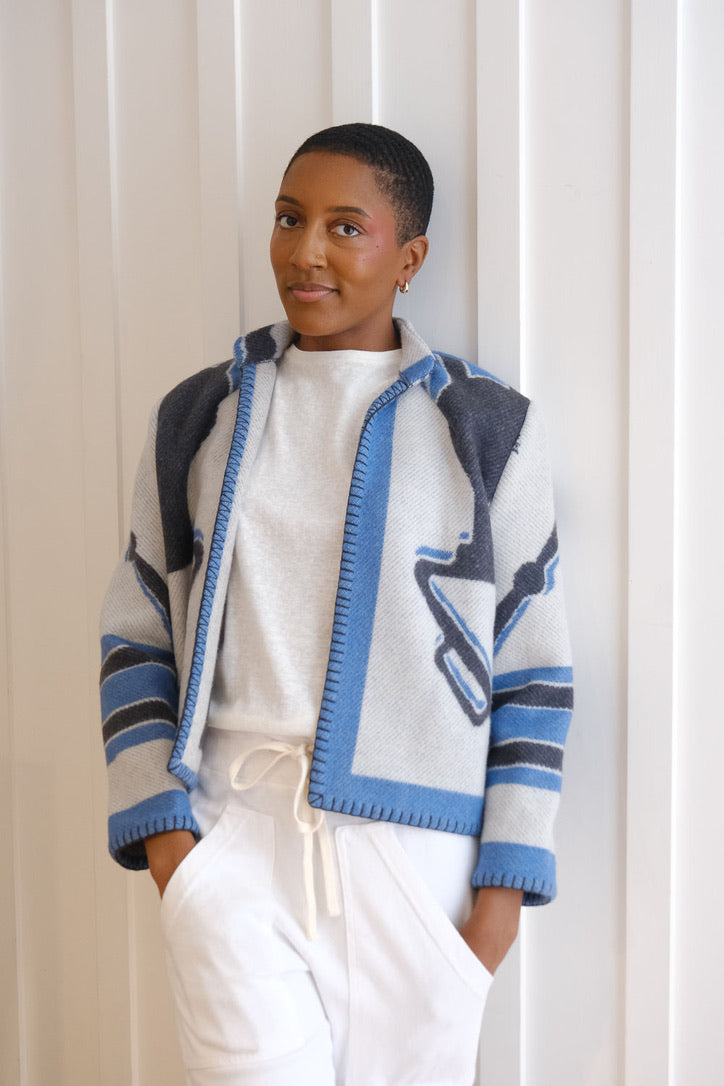 LILY EVE | NAVY BUCKLE BLANKET JACKET | WOMEN'S LUXURY DESIGNER CLOTHING, SHOES, HANDBAGS & JEWELRY | CAPITOL CHARLOTTE, NC & BRENTWOOD, CA