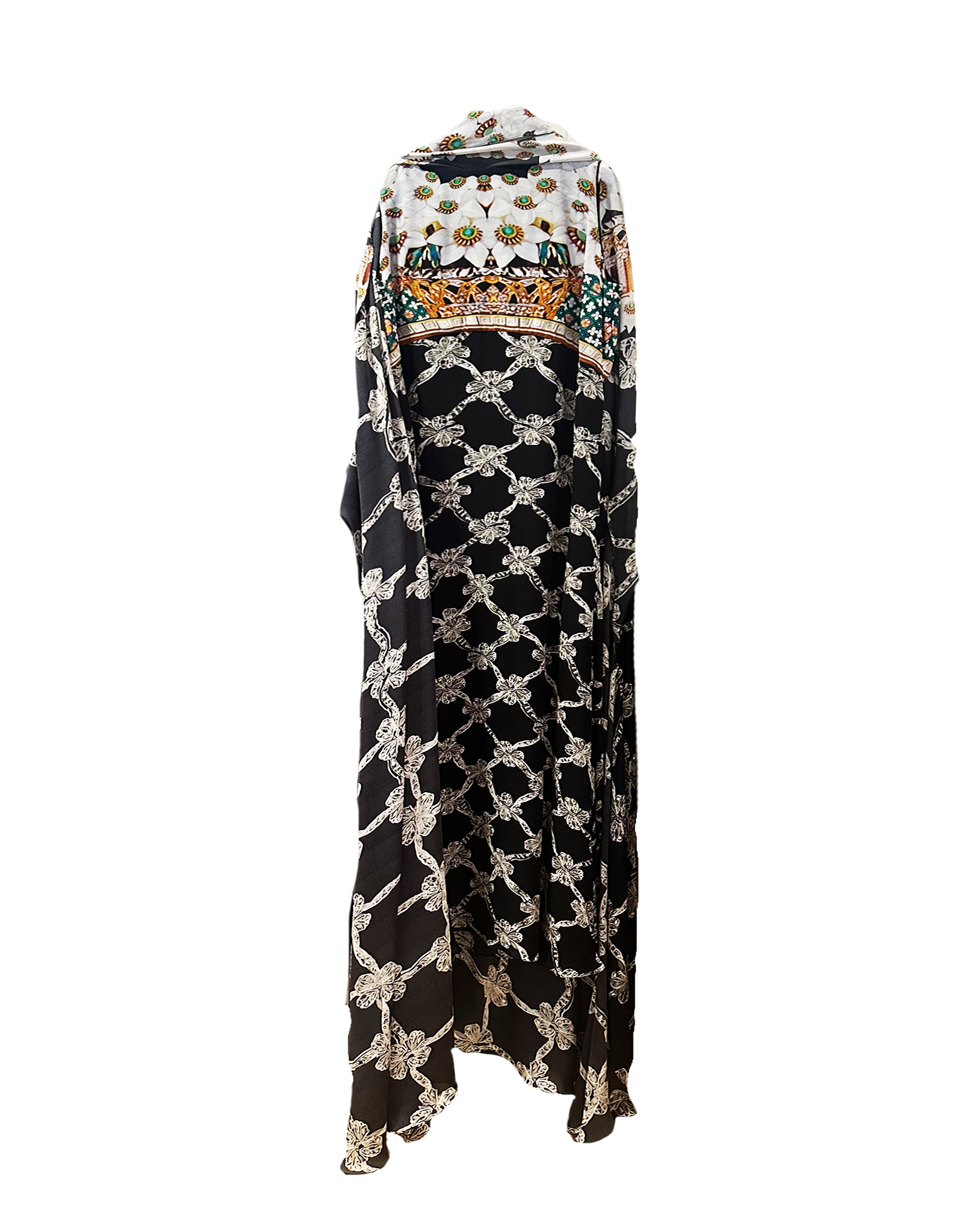 MARY KATRANTZOU | SHORT SLEEVE CAPED PRINTED THALI GOWN