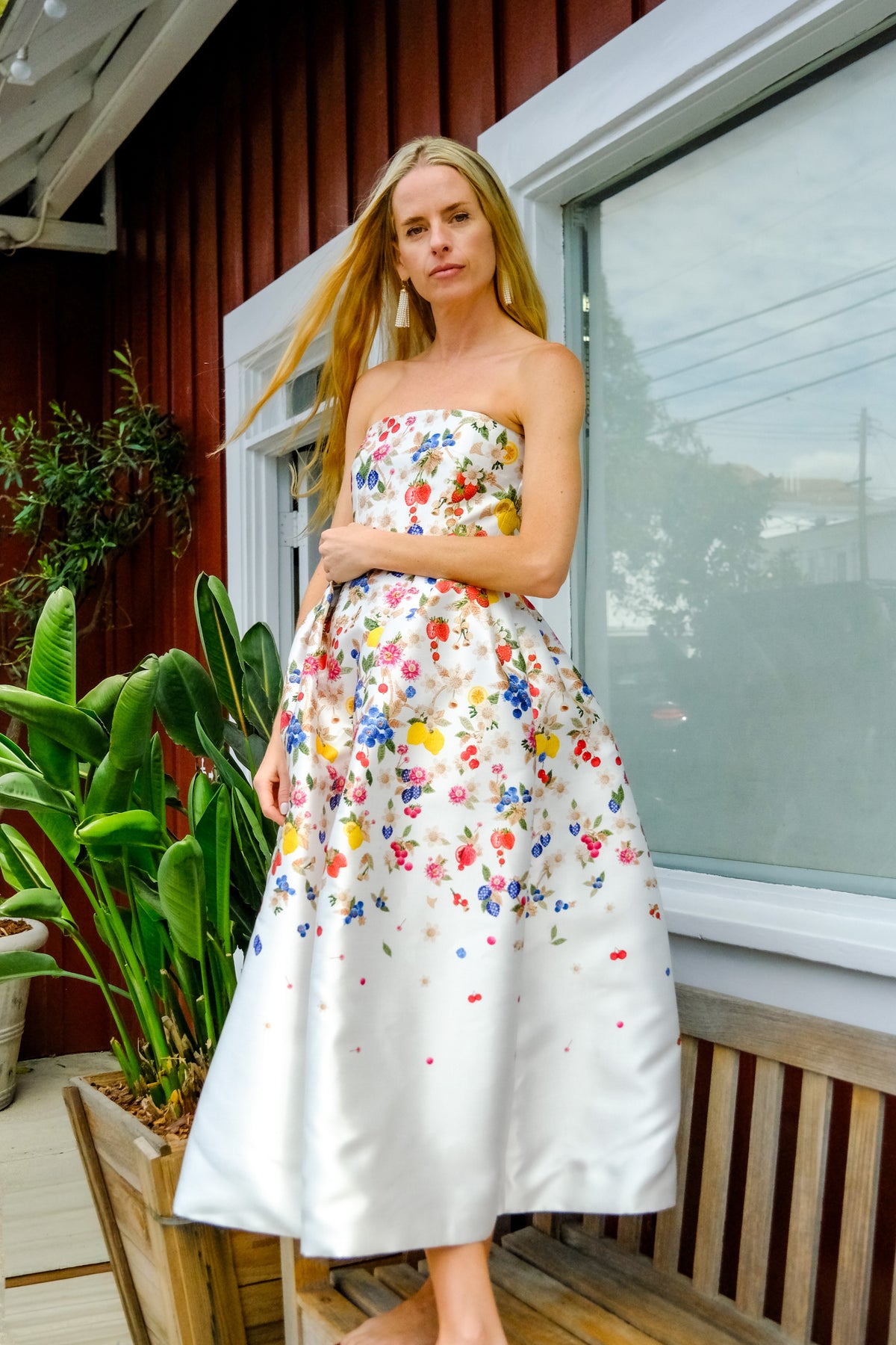 cocktail dresses charlotte nc MARY KATRANTZOU | STRAPLESS FRUIT PRINTED DRESS Light Blue Chiffon One Color:Sage green base_color:red line skirt detailed with