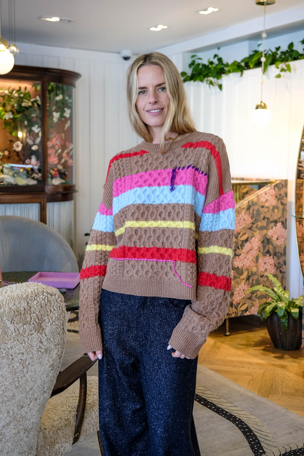 MIRA MIKATI | STRIPE CHUNKY CABLE KNIT SWEATER