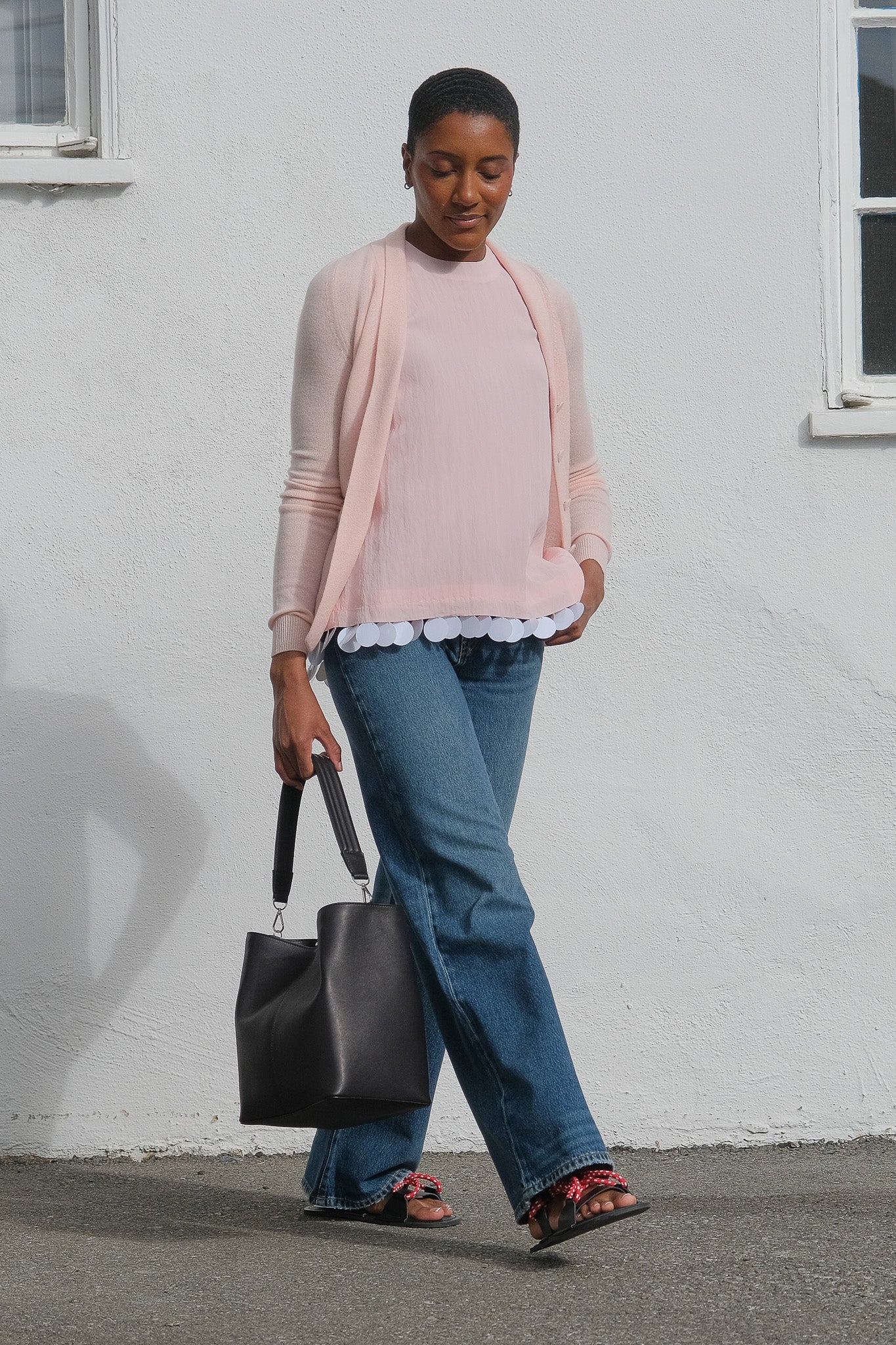 Baby pink button front cardigan from Plan C available in Brentwood, CA and Charlotte, NC.