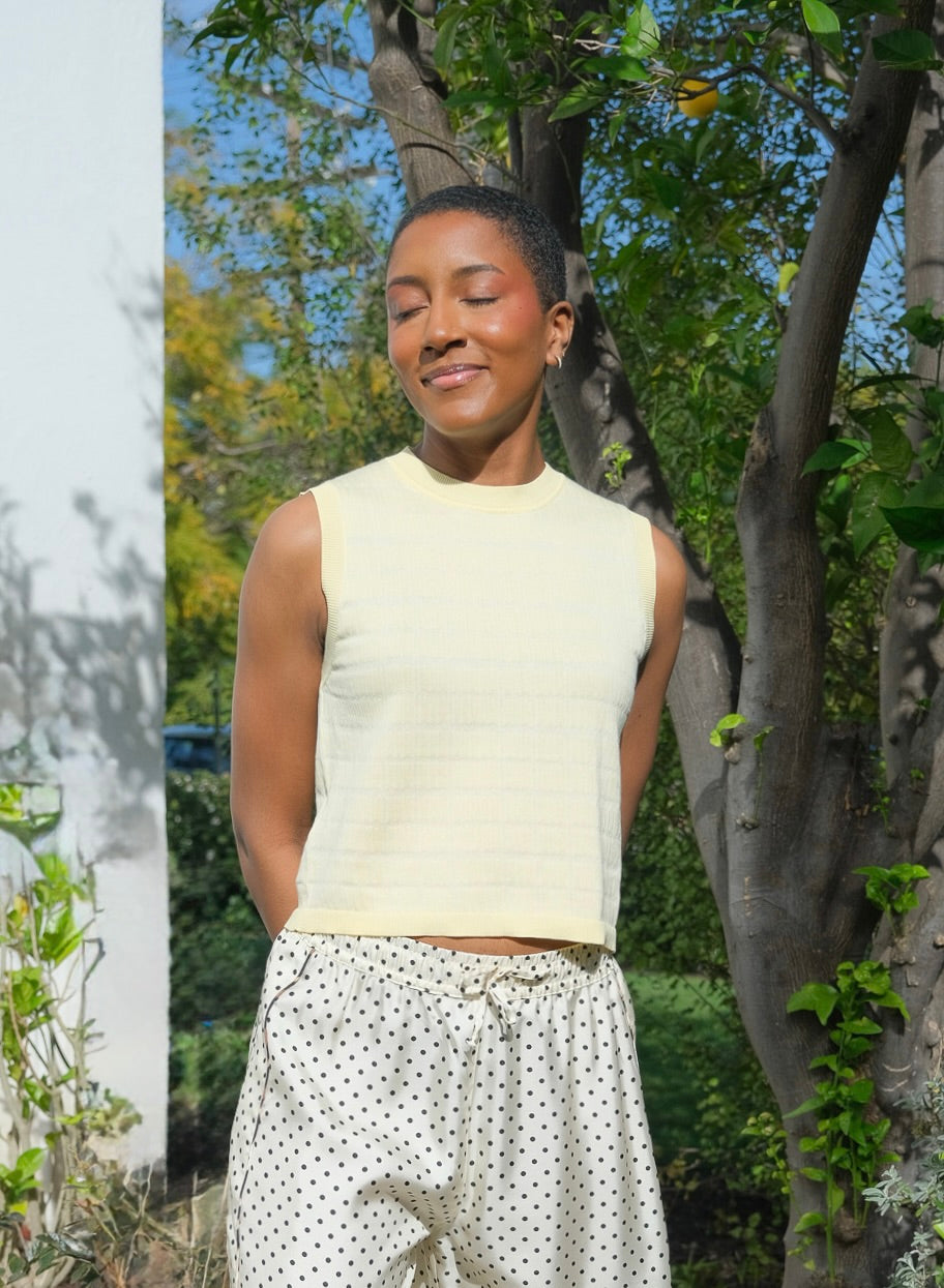 Light yellow bicolor sweater vest from Plan C. Available in Charlotte, NC and Brentwood, CA.