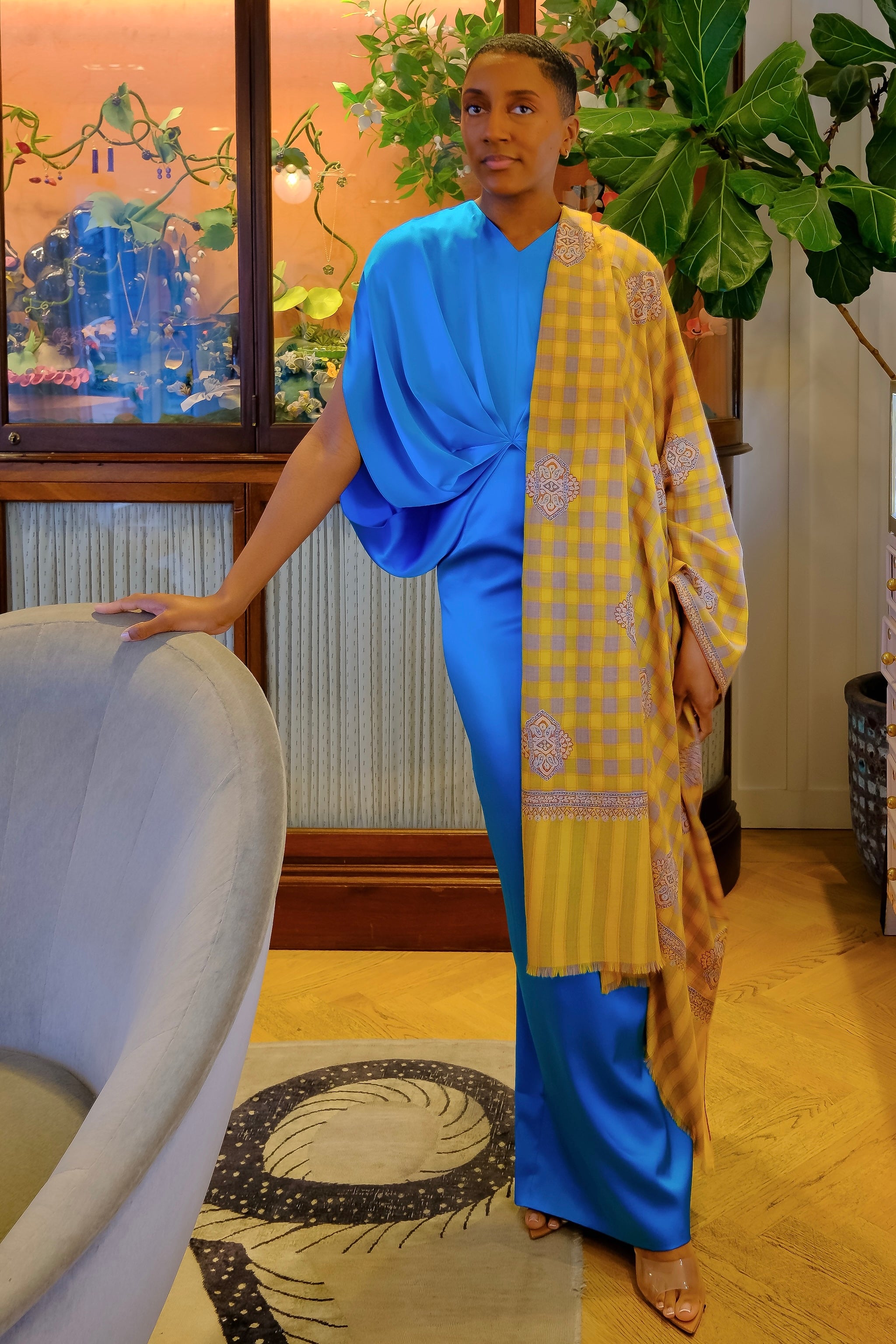 Azure blue gown from Roksanda with column skirt and draped bodice. Available in Charlotte, NC and Brentwood, CA.