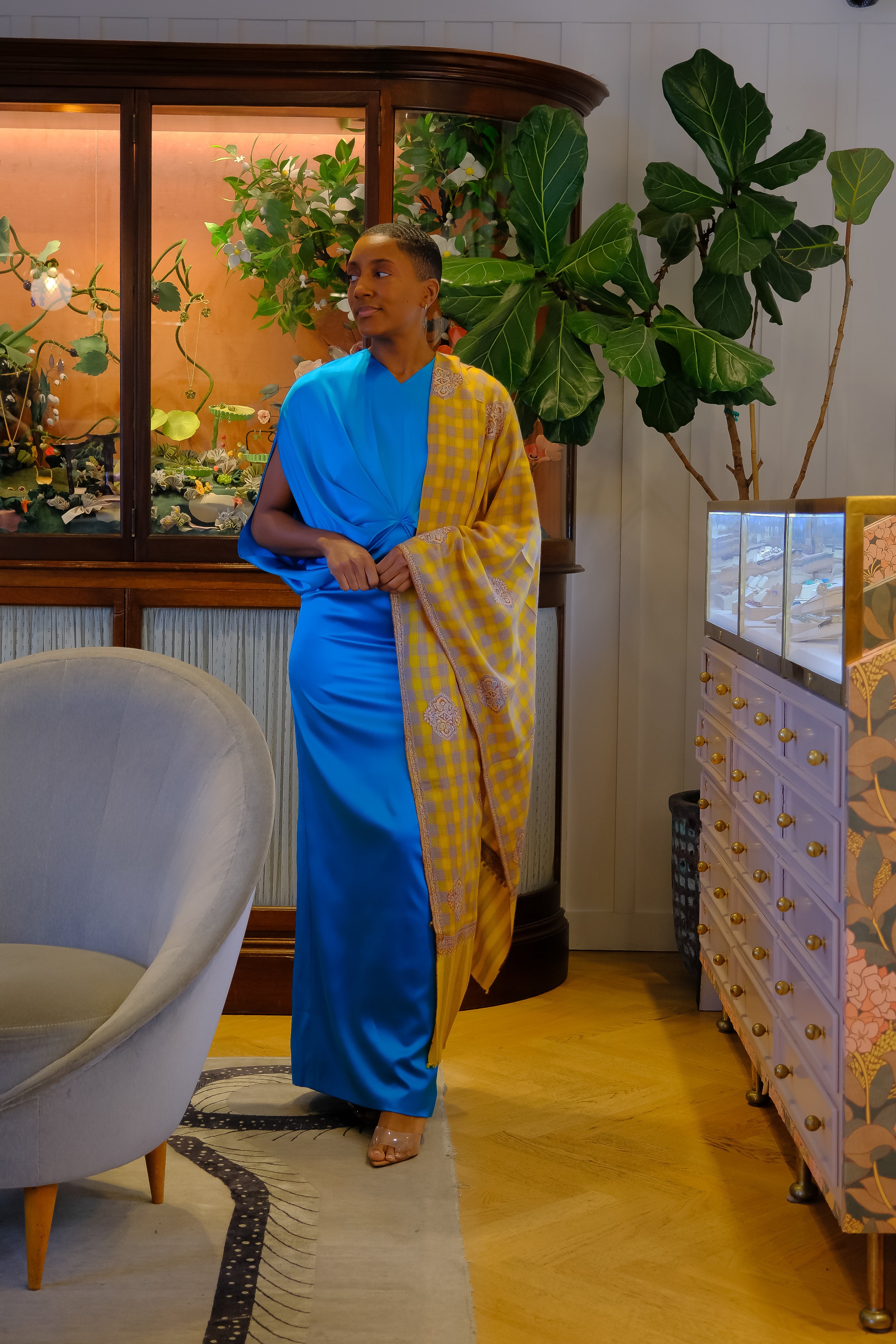 Azure blue gown from Roksanda with column skirt and draped bodice. Available in Charlotte, NC and Brentwood, CA.