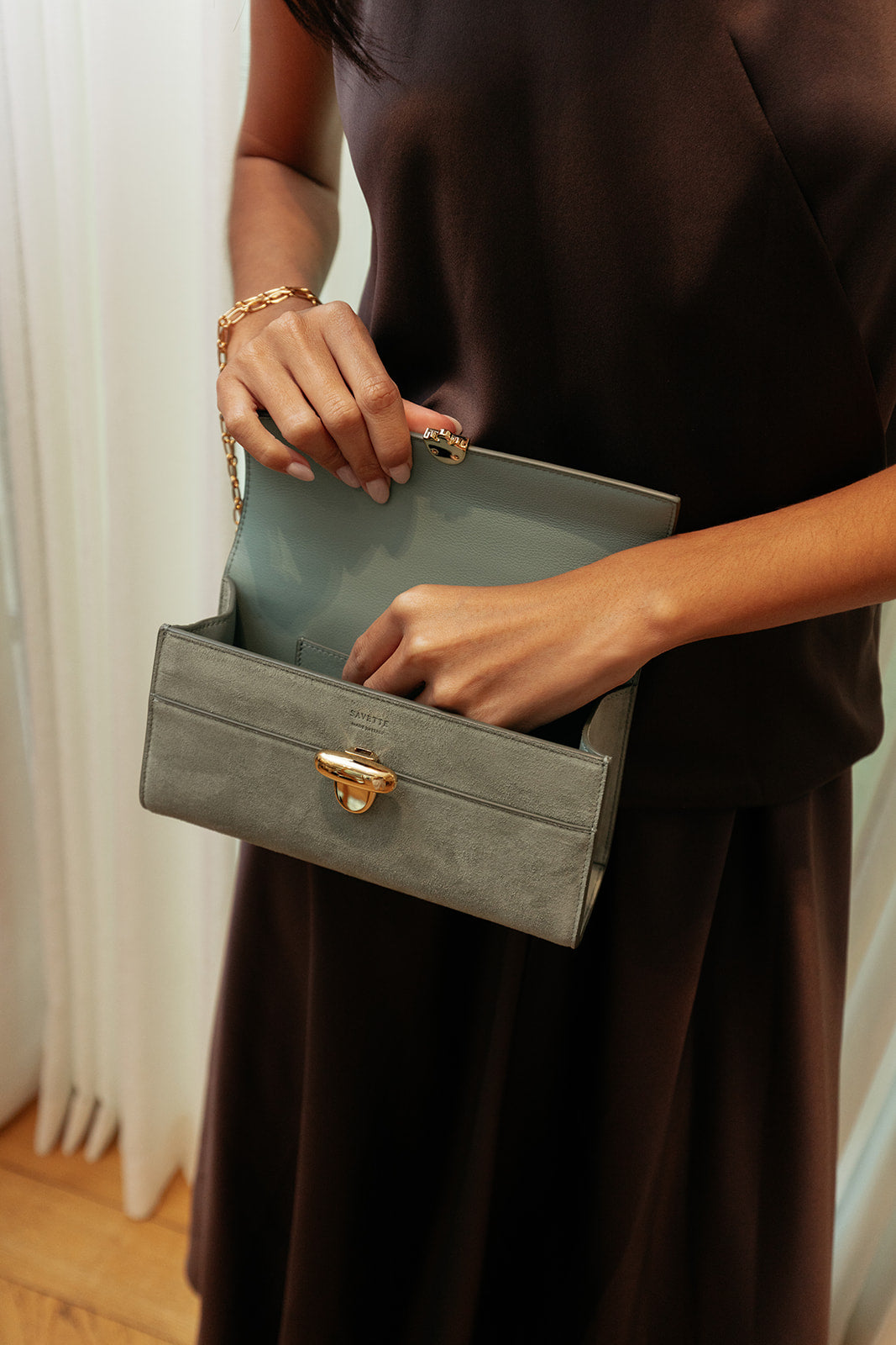SAVETTE | SUEDE SYMMETRY CROSSBODY CHAIN POCHETTE | WOMEN'S LUXURY DESIGNER CLOTHING, SHOES, HANDBAGS & JEWELRY | CAPITOL CHARLOTTE, NC & BRENTWOOD, CA