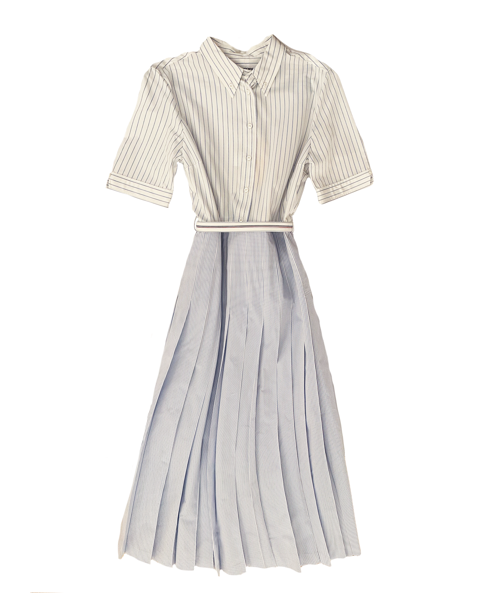 THOM BROWNE | SHORT SLEEVE PINSTRIPE COTTON POPLIN MIDI DRESS