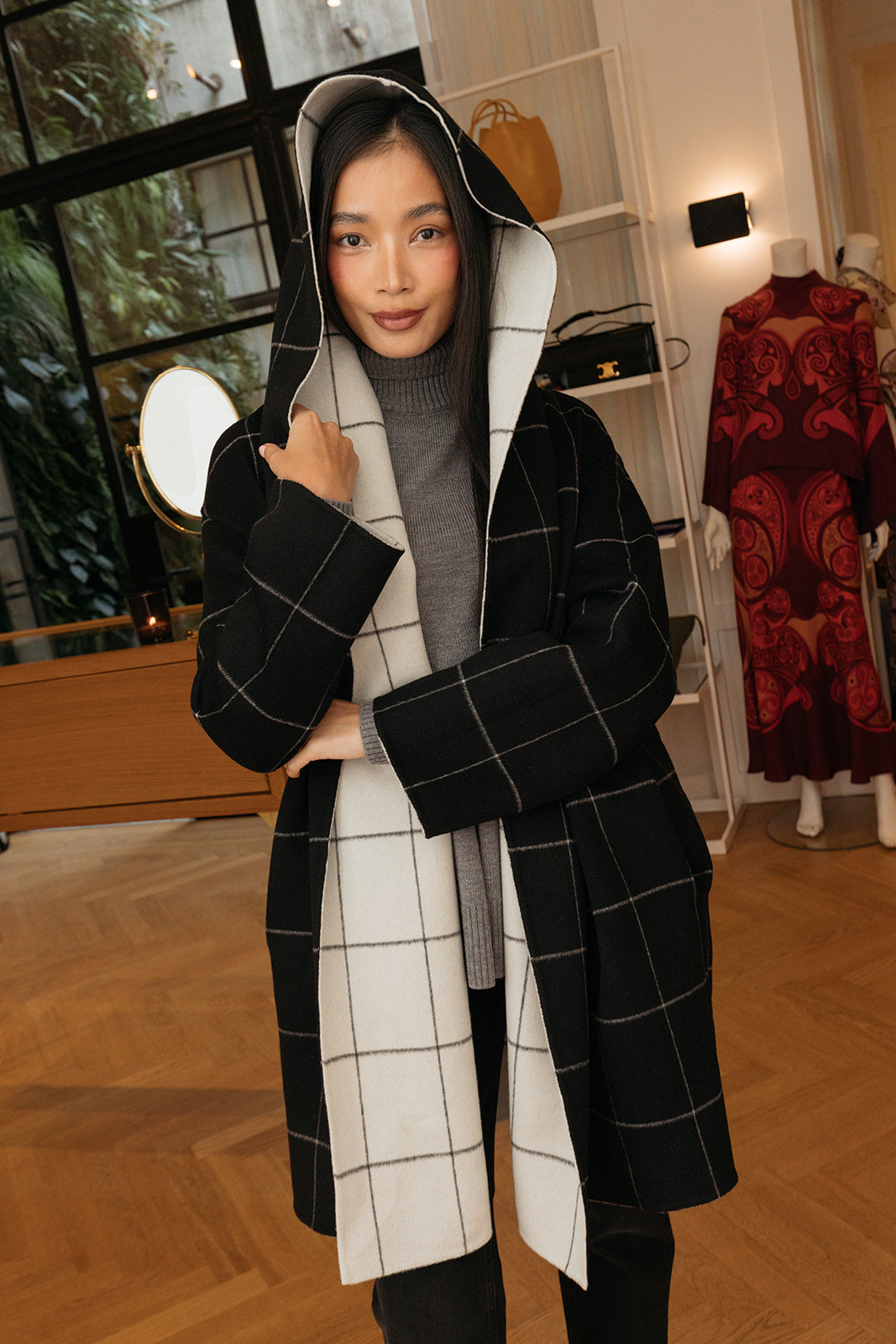 TOTEME | WINDOWPANE HOODIE COAT | WOMEN'S LUXURY DESIGNER CLOTHING, SHOES, HANDBAGS & JEWELRY | CAPITOL CHARLOTTE, NC & BRENTWOOD, CA
