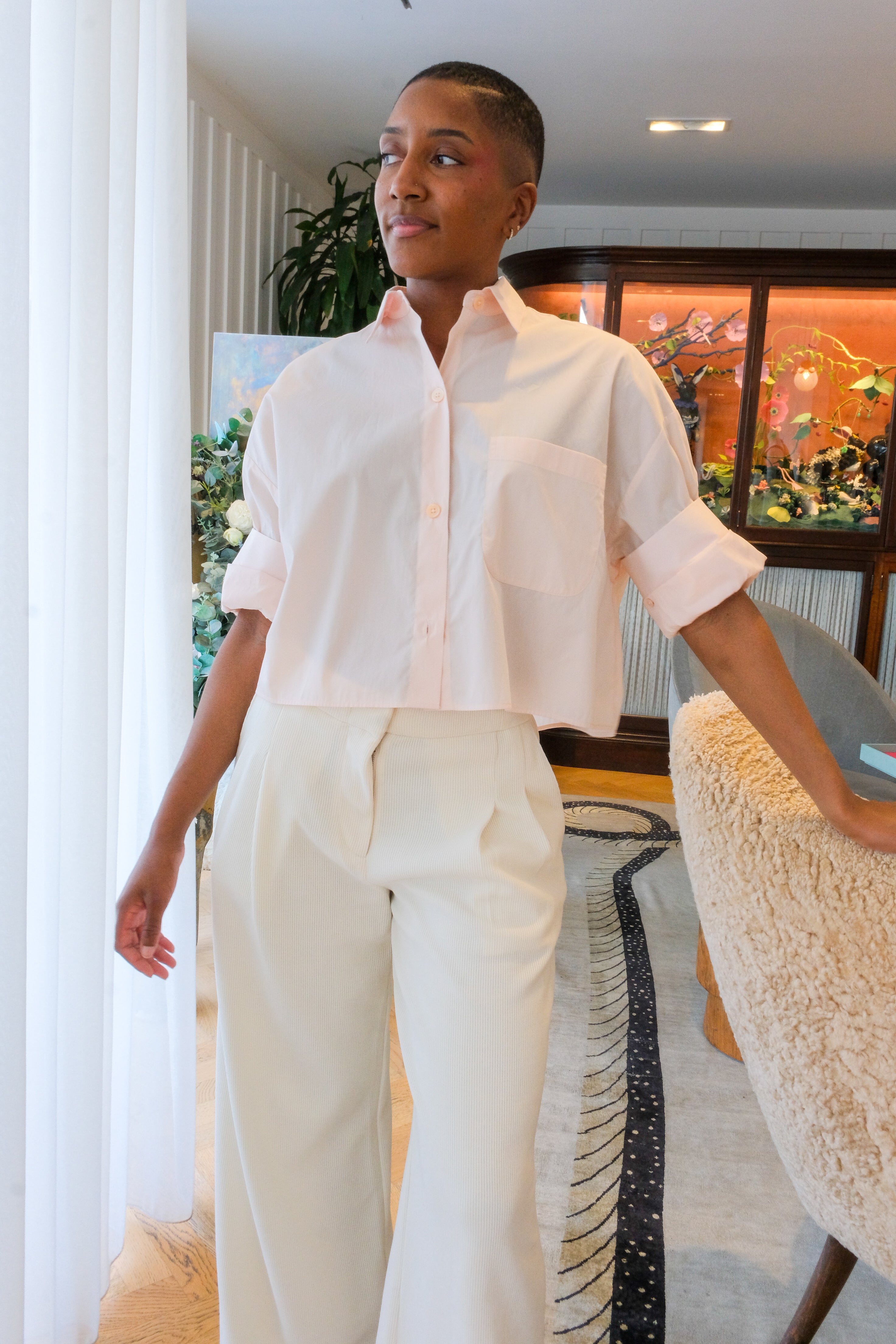 TWP Next Ex collared button down cropped top available in Brentwood, CA and Charlotte, NC.