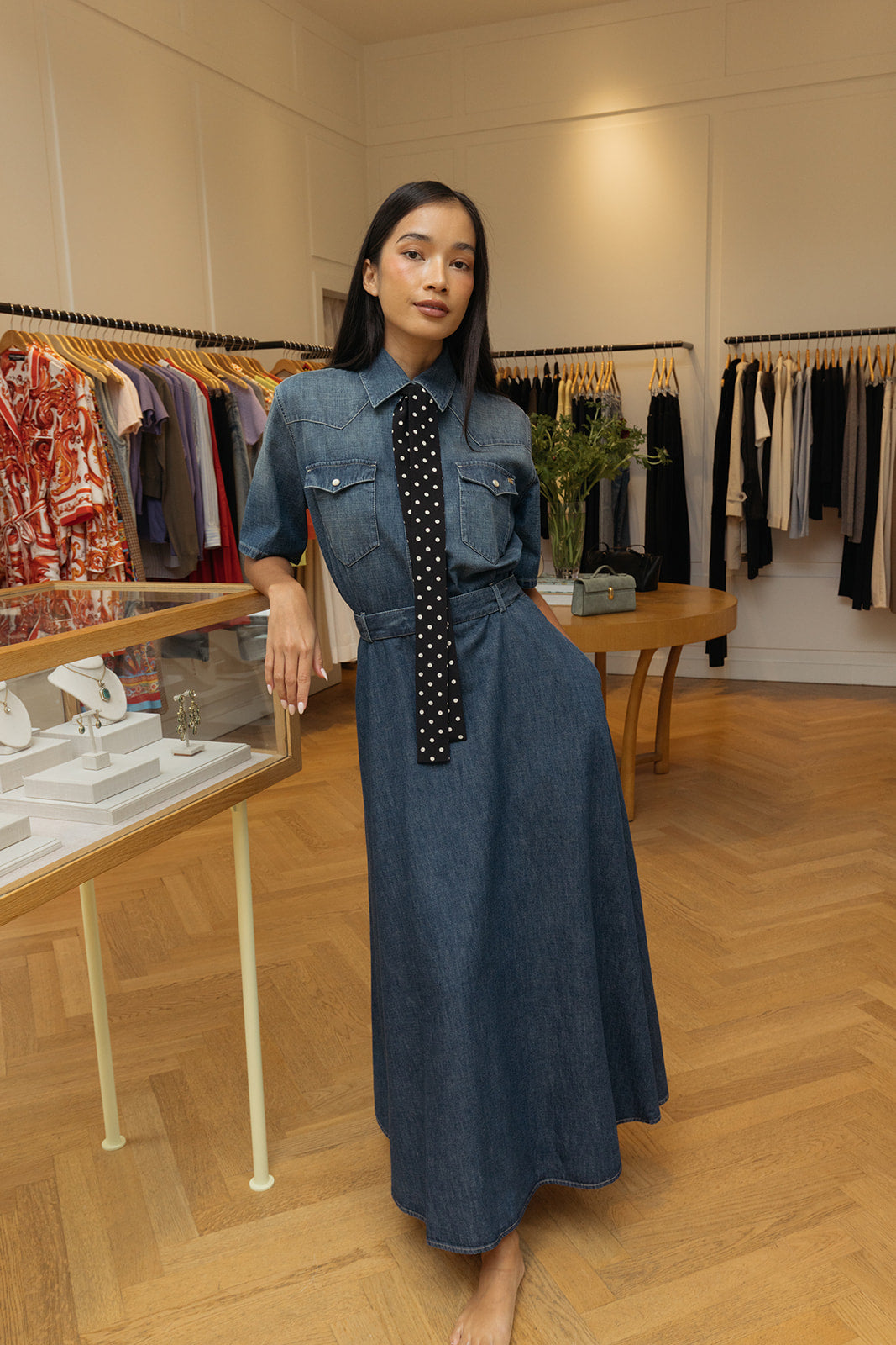 VALENTINO | DENIM MIDI DRESS | WOMEN'S LUXURY DESIGNER CLOTHING, SHOES, HANDBAGS & JEWELRY | CAPITOL CHARLOTTE, NC & BRENTWOOD, CA