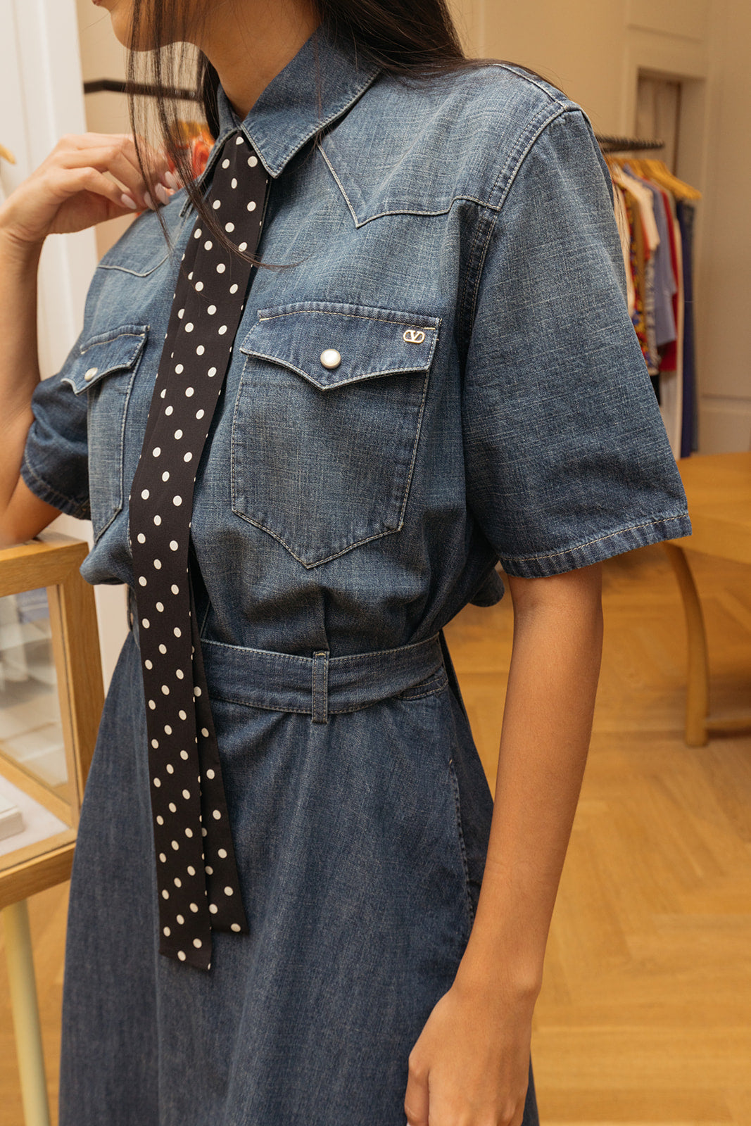 VALENTINO | DENIM MIDI DRESS | WOMEN'S LUXURY DESIGNER CLOTHING, SHOES, HANDBAGS & JEWELRY | CAPITOL CHARLOTTE, NC & BRENTWOOD, CA