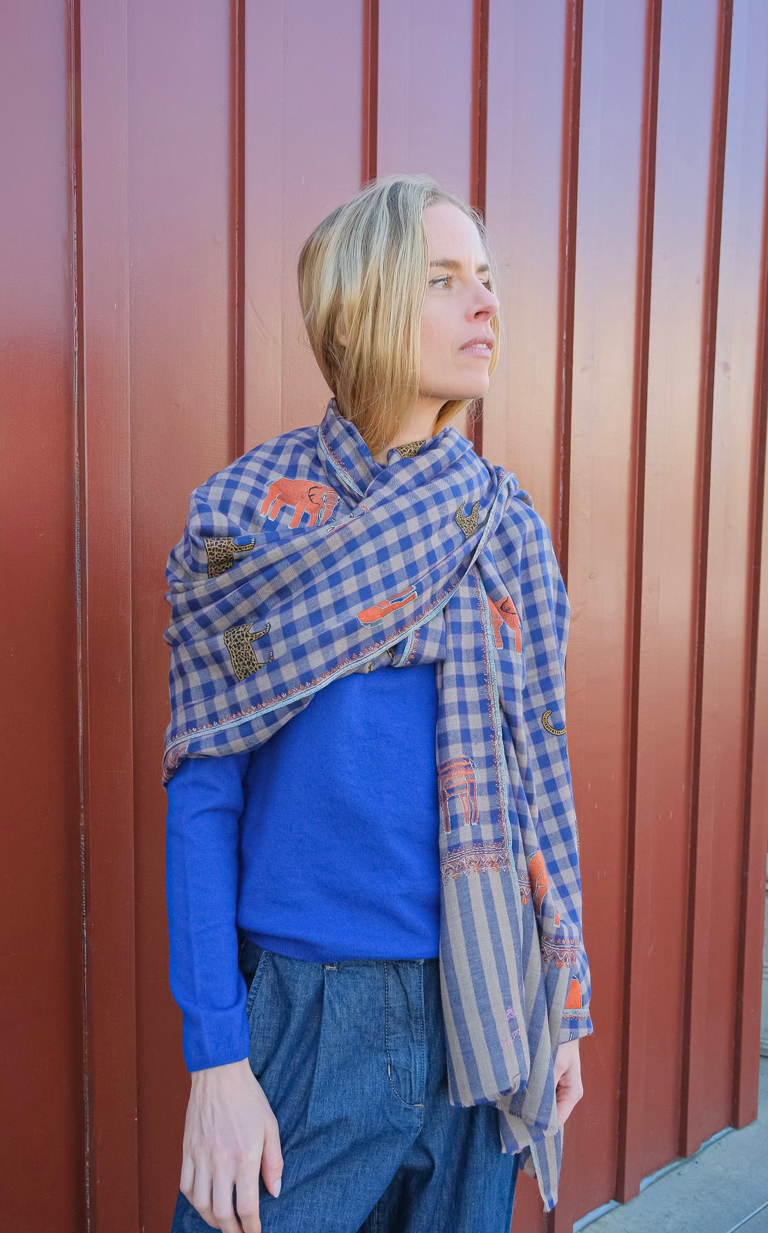 YASER SHAW | BLUE PLAID SAFARI SHAWL | WOMEN'S LUXURY DESIGNER CLOTHING, SHOES, HANDBAGS & JEWELRY | CAPITOL CHARLOTTE, NC & BRENTWOOD, CA