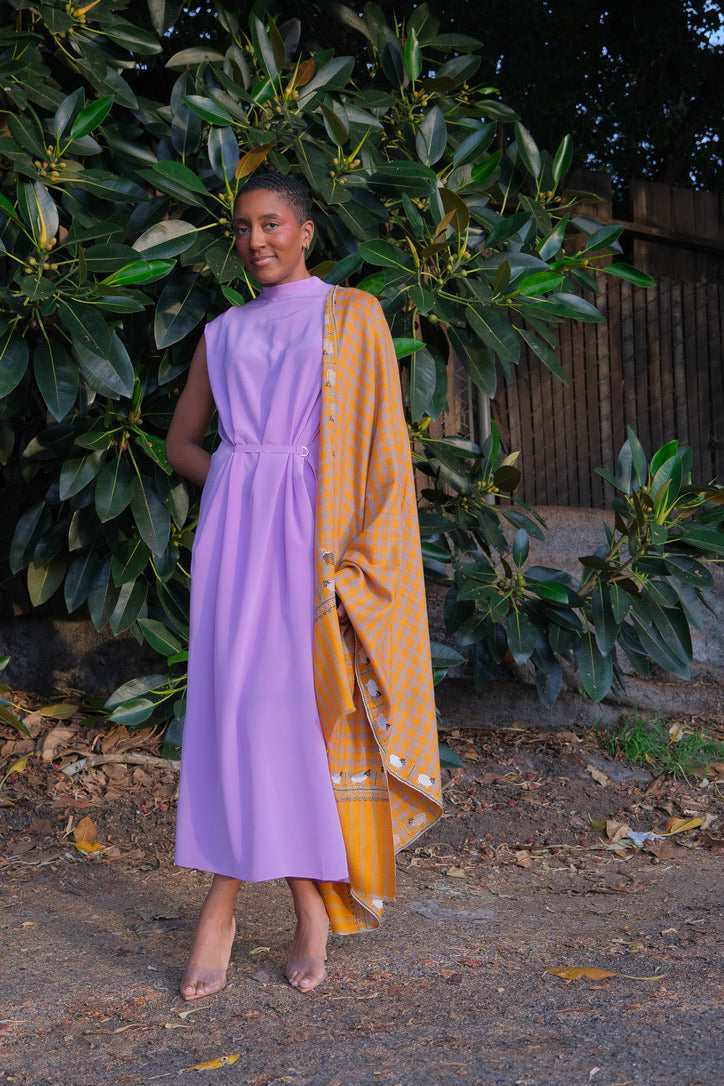 Yaser Shaw checked shawl in yellow with black sheep design available in Brentwood, CA.