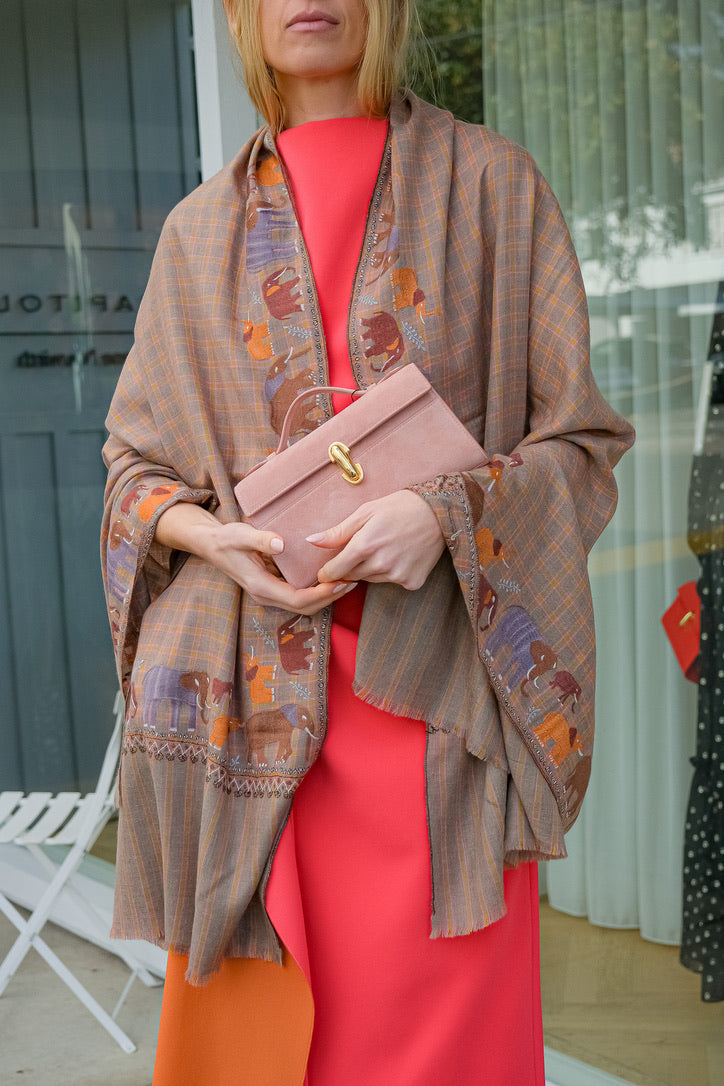 Yaser Shaw checkered shawl with brown background and elephant animal embroidery. Available in Brentwood, CA.